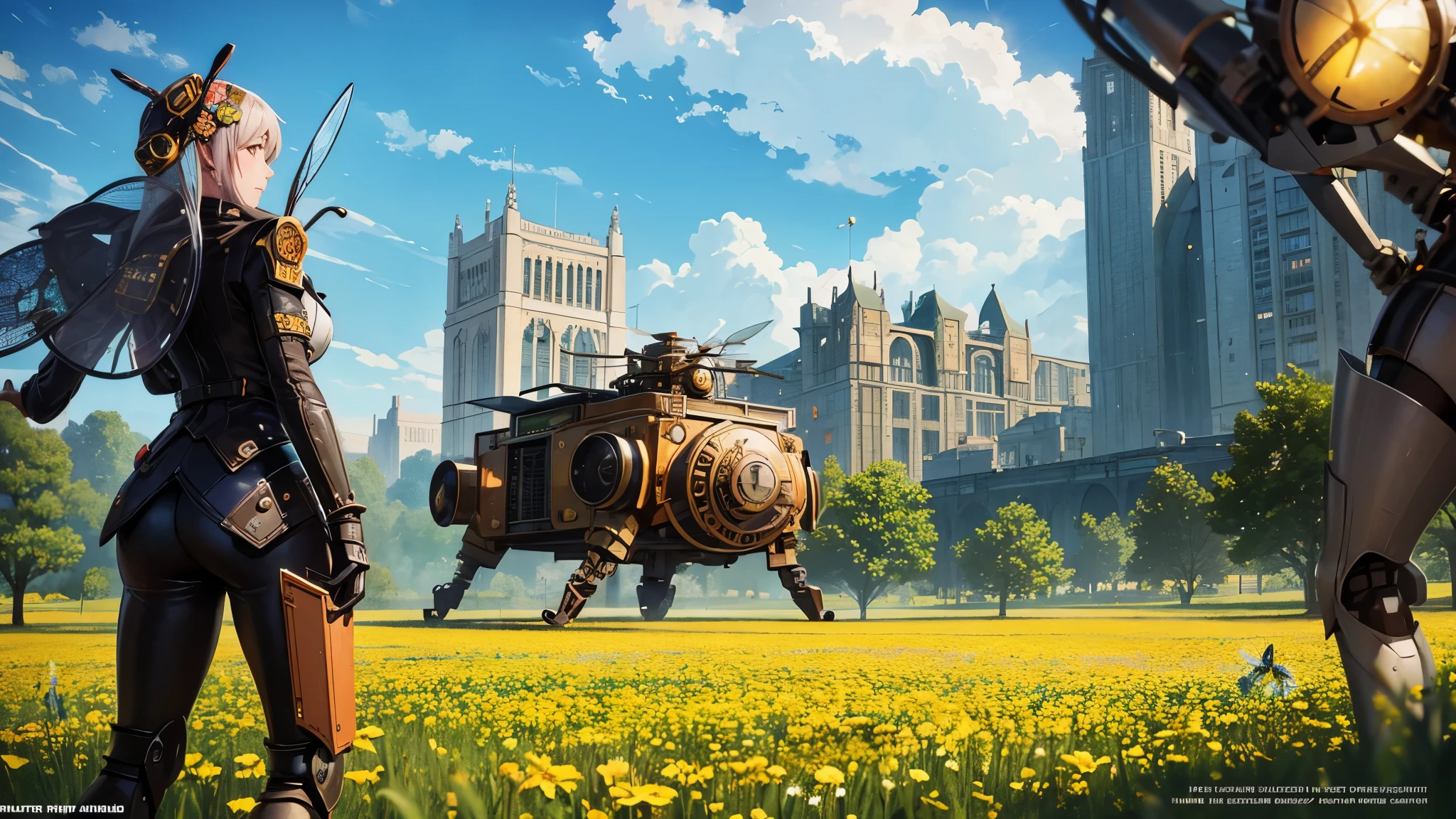 A lovely field of flowers, steampunk robot bees flit between them pollinating them