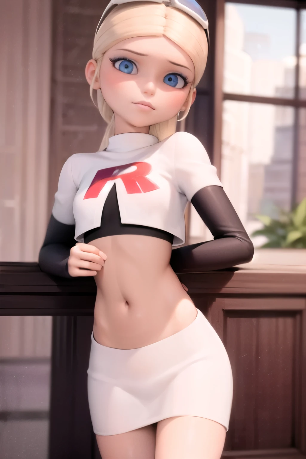 (8k, RAW photo, best quality, masterpiece:1.2), (intricate details), highres, perfect eyes, perfect face, perfect lighting, beautiful, (masterpiece:1.2), (best quality:1.2), 1girl, solo, chloe, blue eyes, blonde, team rocket,team rocket uniform, red letter R, white skirt,white crop top,black thigh-highs,black elbow gloves