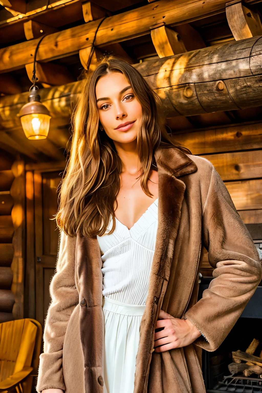 Intricately captured long shot, showcasing a stunning, desirable, 25-year-old woman with long, flowing chestnut brown hair, radiantly standing in a vintage log cabin. She gracefully models a luxurious long fur coat as the sun sets, casting a warm, inviting glow on her happy, content face. The image exudes a sense of coziness and tranquility, with highly detailed textures and lifelike rendition. Captured in best quality with optimal post-processing, the warmth of the cabin is accentuated by the crisp, natural colors of autumn leaves and the clear, bright sky. A masterpiece of photorealistic photography, 8k U