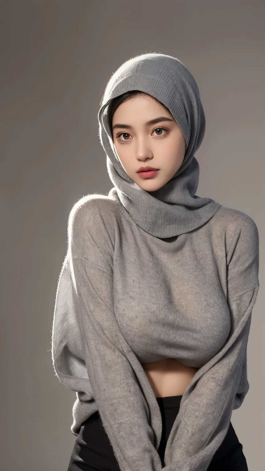 a 20 yo woman with slim body and big breast ,hijab,gray sweater,dark theme clothes, soothing tones, muted colors, high contrast, (natural skin texture, hyperrealism, soft light, sharp), simple background, The fabric traces the shape of the body, big breast (big size breast: 1.4) using full covered clothes , giant tits, big breast, bigger breast than torso, gigantic breast, gigantic tits, using gray sweater with black hijab, naked chest on sweater