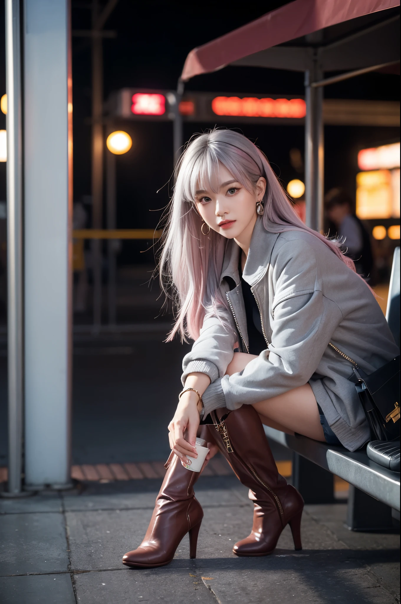 artworks,ultra high resolution,8K resolution,Accurate facial features with depth of field,is a perfect face,girl,the only person,ssmile,Long gray hair,with pink hair,crossed bangs,shairband,bangle,collars,hoop earings,aviator sunglasses bomber jacket,red fire retardant clothing,Over-the-knee boots,Ruffled pantyhose,crouched,facing to audience,eventide,temple,Train station,Fleet Collection,movie lighting