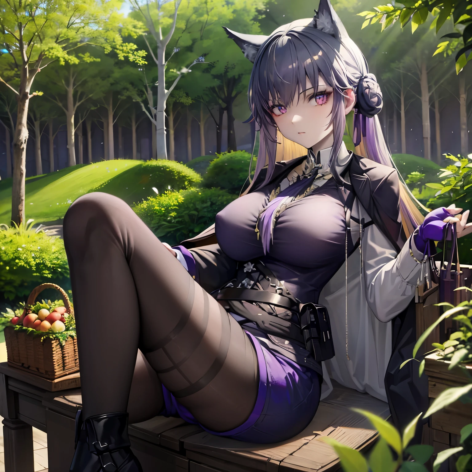 Pale, purple victorian dress, dirty blonde hair in bun, purple eyes, holding a fruit basket, eyes slight spead out, in forest, big breast