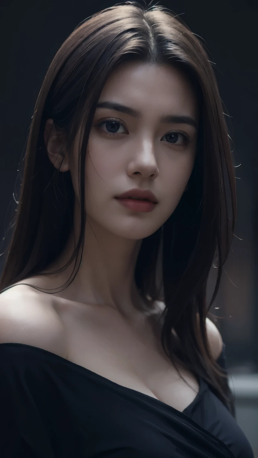 8k, best quality, masterpiece, realistic, ultra detail, photo realistic, Increase quality, a photo of a girl standing, in the style of dark and brooding designer, voluminous mass, photobash, serene faces, jagged edges, navy, natural beauty, close-up shot