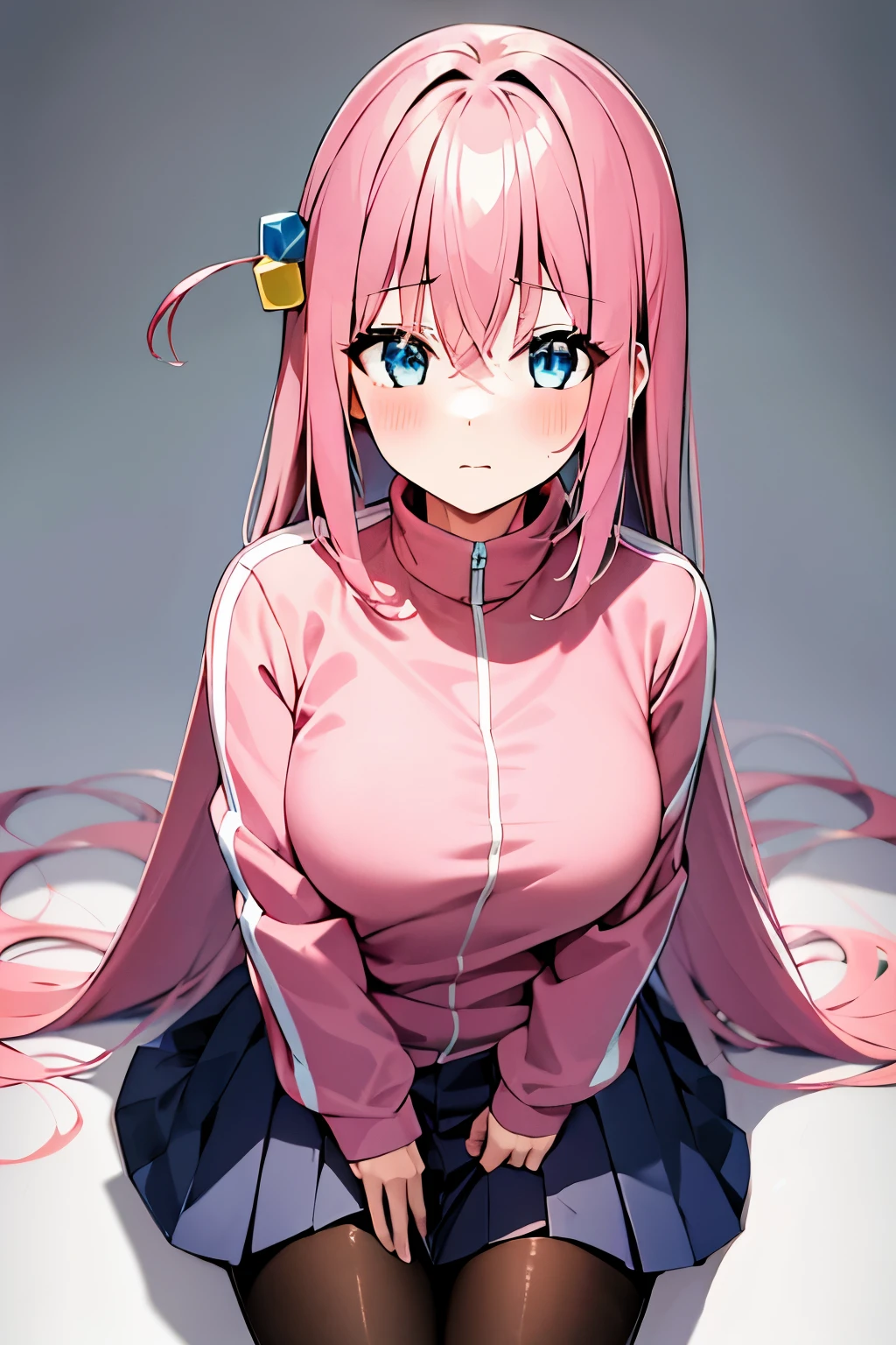 gotoh hitori, 1girl, solo, long hair, looking at viewer, blush, blue eyes, large breasts, simple background, long sleeves, hair between eyes, sitting, closed mouth, pink hair, pantyhose, pleated skirt, black skirt, one side up, hand on own chest, white background, grey skirt, invisible chair, cube hair ornament, pink track jacket 