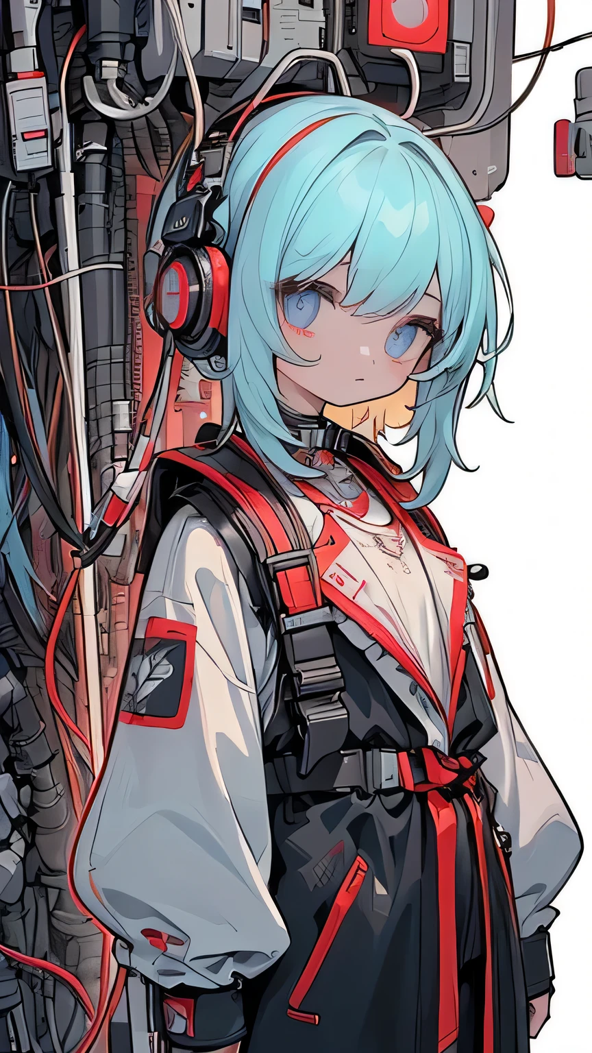 (((best quality))), ((super detailed)), (High Definition CG Illustration), ((extremely delicate and beautiful)),(charming,chibi),movie lighting,((1 Mechanical Girl)),alone,(Machine made joints:1.2),((Mechanical edge vessels connect to tubes connected to the mechanical vertebrae in the back),((Cervical spine mechanical fixation in the neck)),(permanent),poker face,(Wires and cables connected to the neck:1.2),(Wires and cables on your head:1.2)(Character focus),Science fiction,White background, Very detailed,colorful,highest detail,cyberpunk