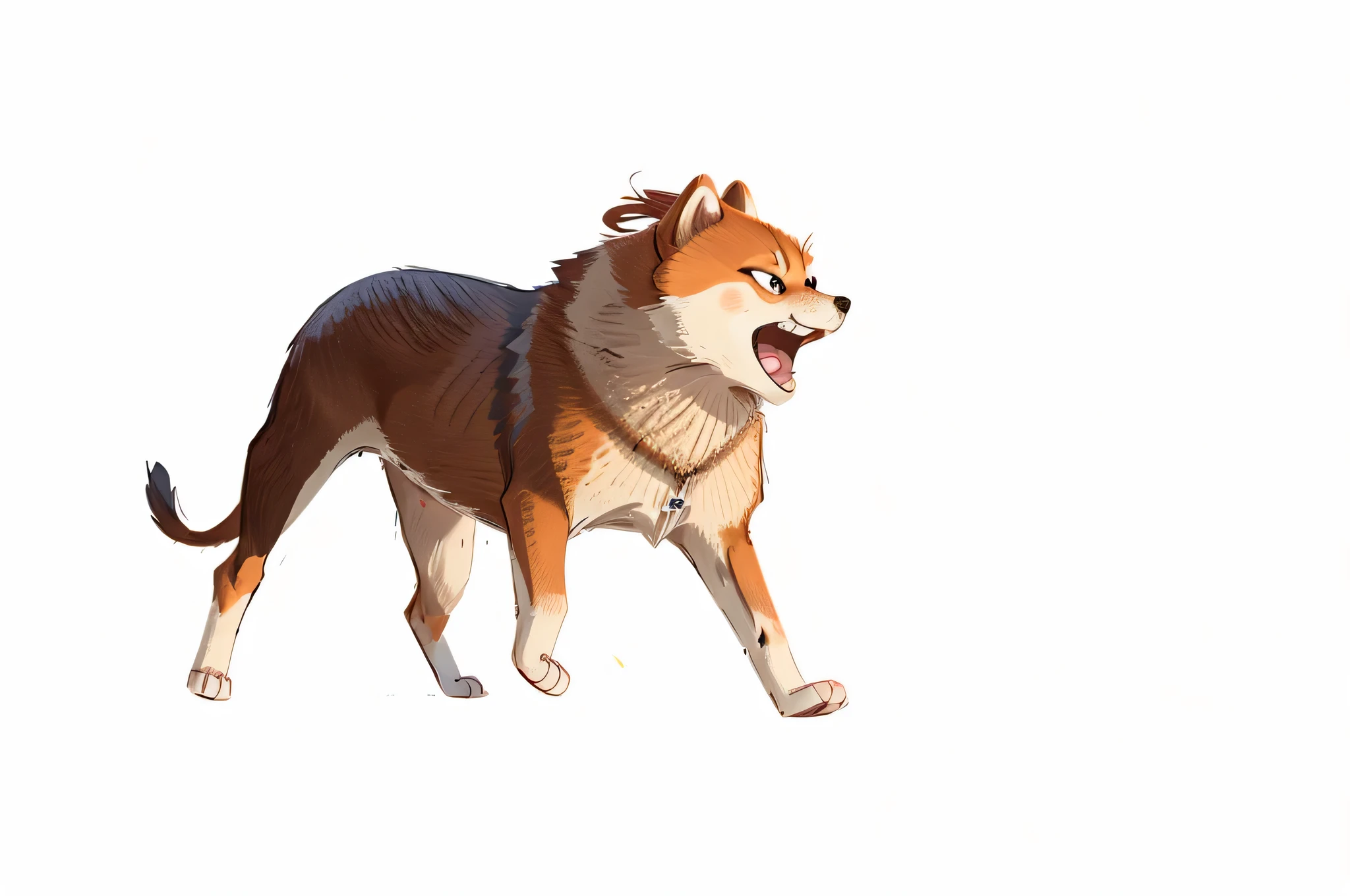 shiba inu, barking expression, open your mouth wide, angry look, full body, masterpiece，Side view, highest quality,　delicate eyes,　cute background，very delicate and beautiful，Detailed CG，Super detailed，超High resolution，High resolution，very detailed，beautiful and delicate eyes， perfect lighting，facial light，natural color，Simple white background
