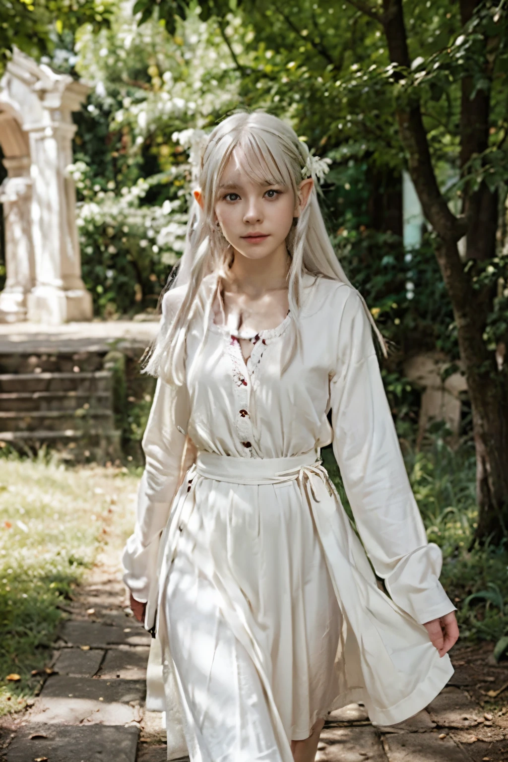There was a 15 year old elf girl, red eyes, white hair, smooth white skin, walking towards the portal tree
