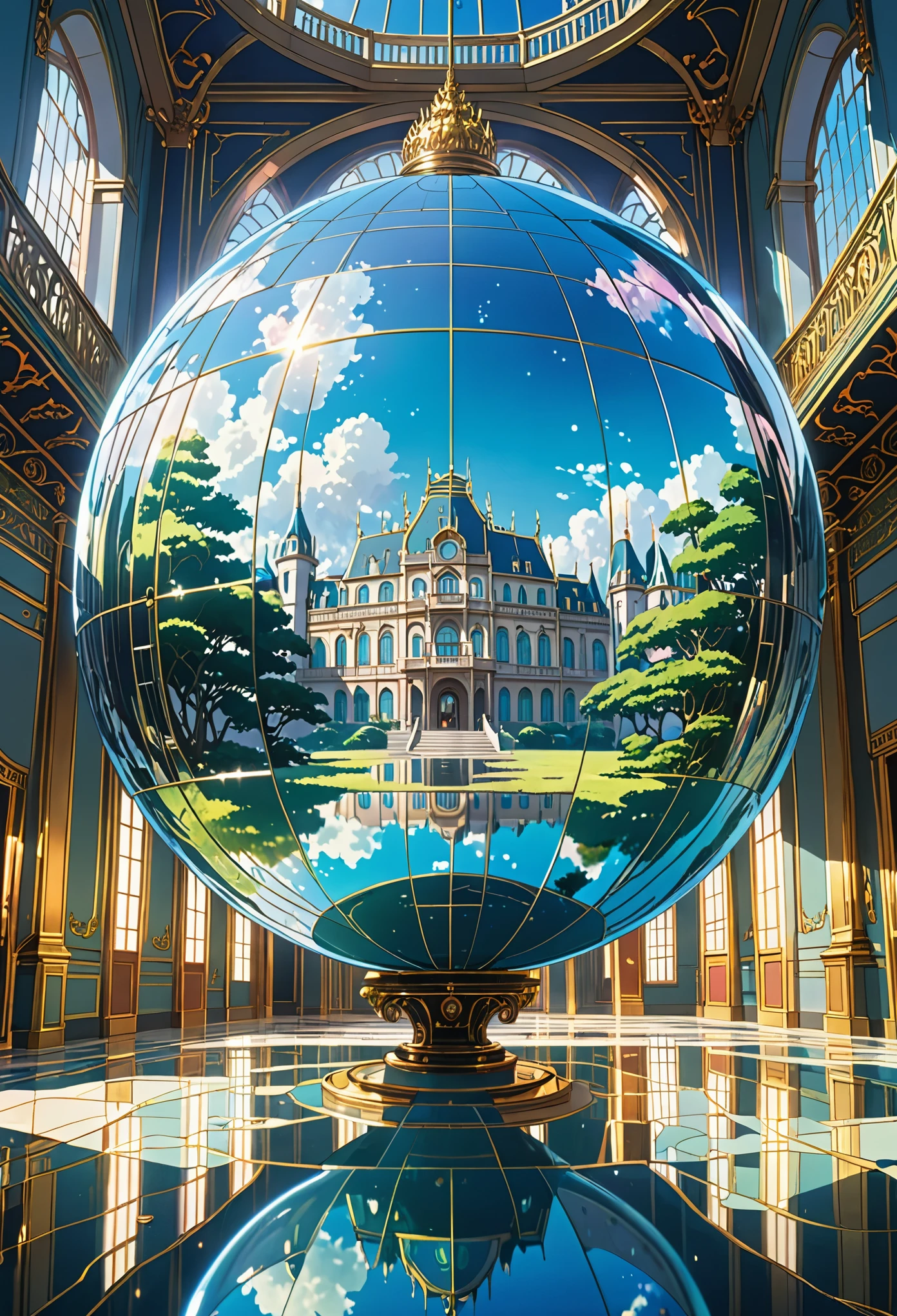 (a strange picture of a giant sphere with mirrors in a palace, anime artstyle, ghibli, makoto shinkai artstyle, masterpiece:1.2), fine details, extremely beautiful details, intricate details, atmospheric lighting, vivid colors, surreal scenery, ethereal atmosphere, dream-like setting, magical aura, mystical ambiance