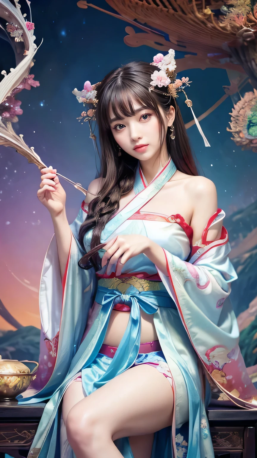 Detailed background, Cyberworld, Space Fantasy, elaborate costume{Luxury kimono(pale and coloured kimono(detailed embroidery,))}、(Japanese Idol(actress):1.2)(face perfect:1.2),Expressing a beautiful and elegant woman, Hairstyle Short Bob, Blur the background,((masutepiece)), ((Best Quality)),{{a portrait photo of}},full body Esbian、Faraway view,Like a corporate logo, Breast size is F cup, Dynamic angles, Angles from the air, Angle from below, 5 fingers, sitting on