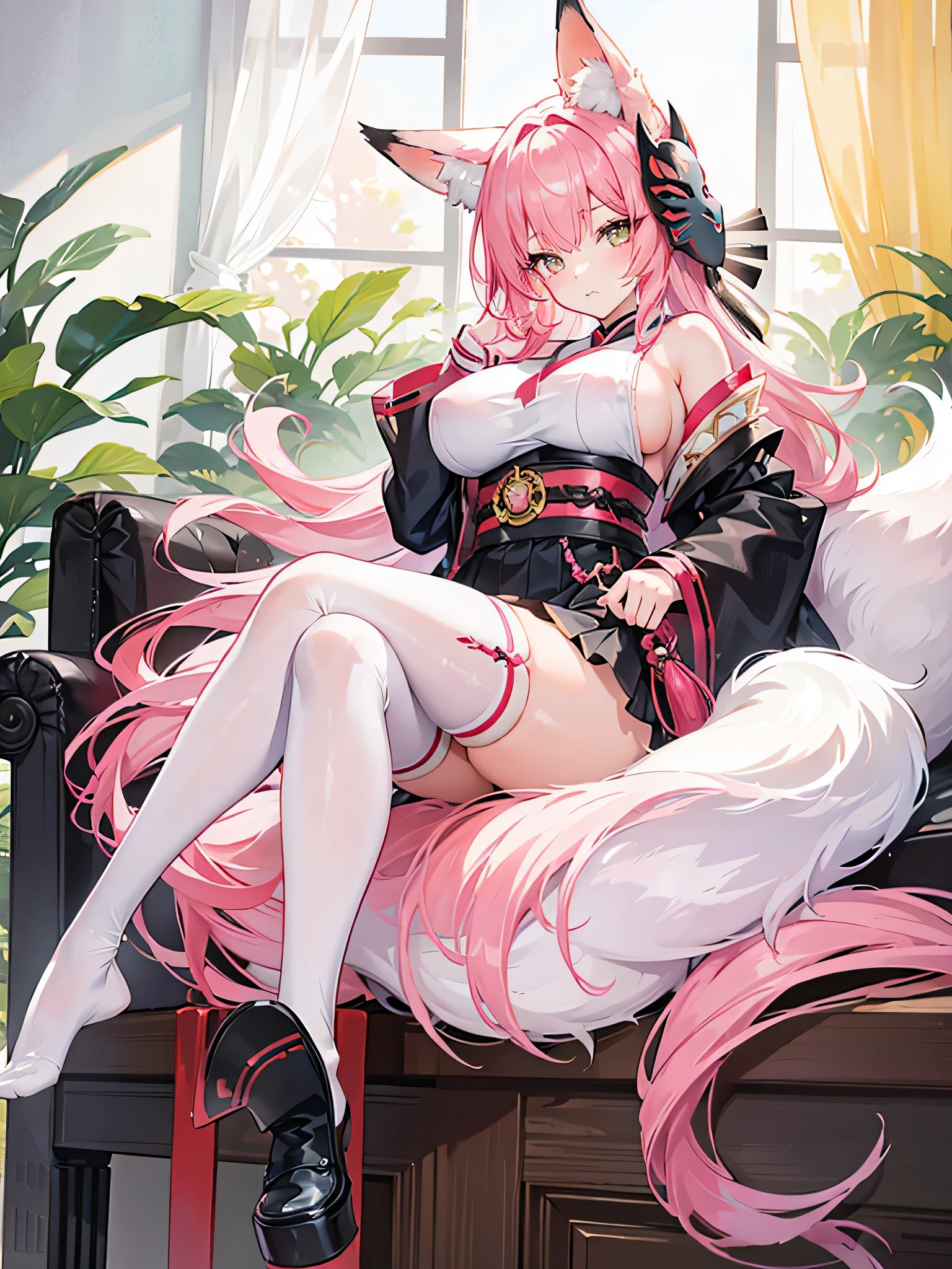 a girl with a giant fluffy tail is sitting on top of a chair, 1girl, animal ears, breasts, pink hair, solo, fox ears, tail, single thighhigh, white thighhighs, thighhighs, fox tail, large breasts, sitting, detached sleeves, looking at viewer, japanese clothes, ahoge, fox girl, skirt, long hair, mask, sideboob, animal ear fluff, fox mask