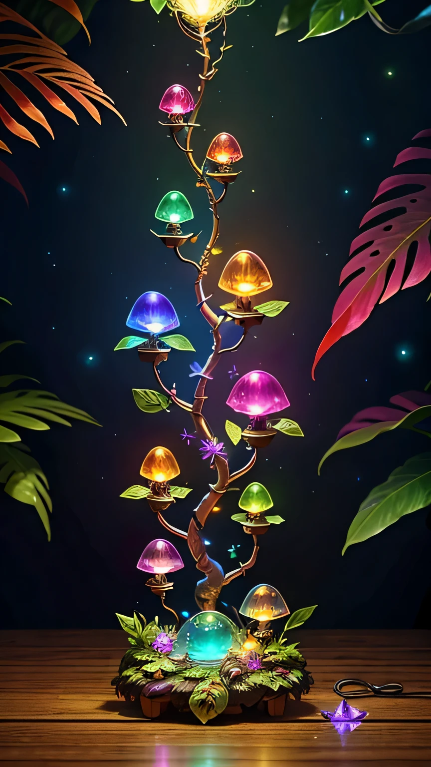 Fantasy in crystals, "Ethereal rose, Cute slime animals, glowing little mushrooms surrounded by delicate leaf and branch, and firefly and glowing particle effect", (natural elements), (jungle theme), (leaf), (branch), (firefly), Butterfly, (delicate leaf), (glow), (particle effect), surreal, super detailed, dramatic lightning, 4K, masterpiece,