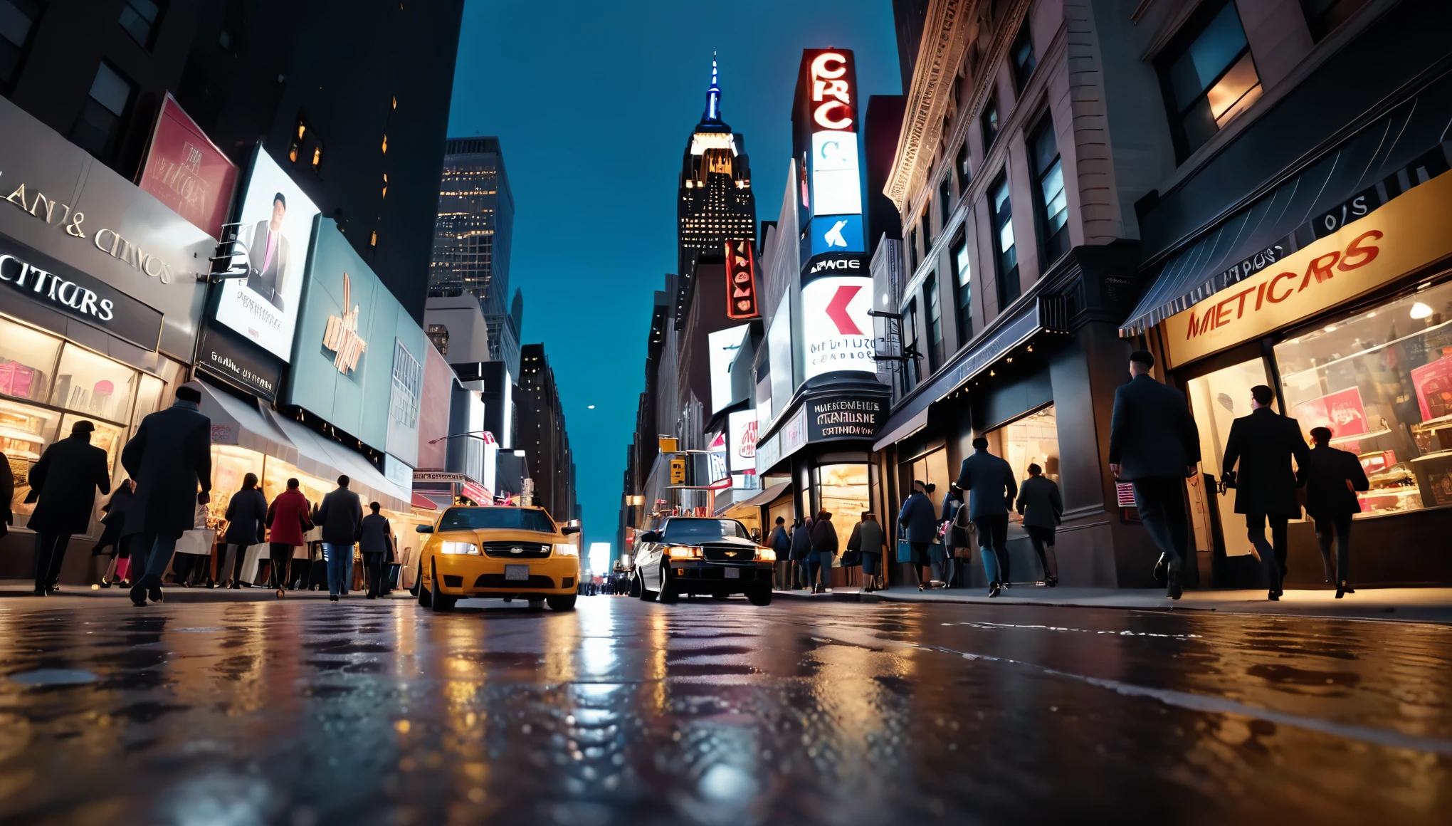 ((ultra wide angle x0.5:1.5, camera view from below)), people walking along the sidewalks full of businesses in the middle of New York:1.4, ((perfect, meticulously detailed, flawless, high definition, cinematic: 1.4) , ((Masterpiece) ), (Hyper detailed: 1.4), (Photorealistic: 1.4), Epic, at night: 1.4, (cars on the streets, illuminated business signs: 1.3), k.