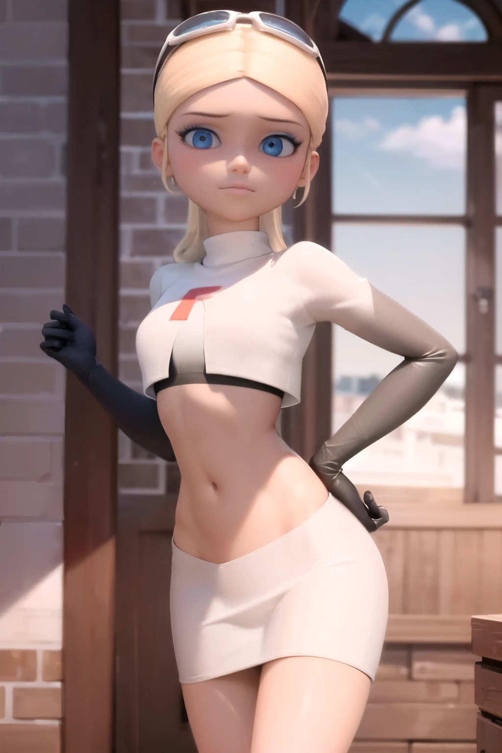 (8k, RAW photo, best quality, masterpiece:1.2), (intricate details), highres, perfect eyes, perfect face, perfect lighting, beautiful, (masterpiece:1.2), (best quality:1.2), 1girl, solo, chloe, blue eyes, blonde, team rocket,team rocket uniform, red letter R, white skirt,white crop top,black thigh-highs,black elbow gloves