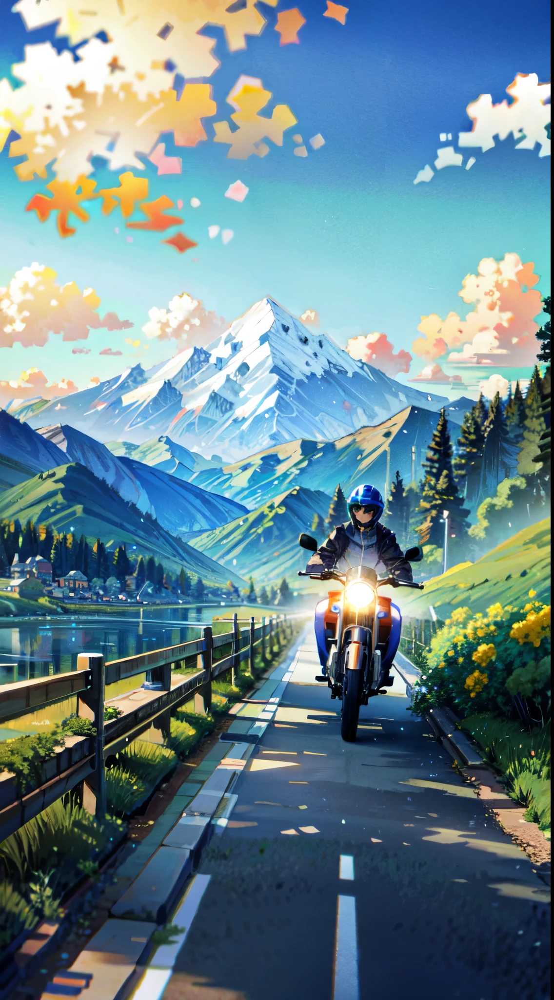 a motorcyclist is riding his bike on a side bridge and far away mountains can be seen the theme is anime style, coming towards the camera, closed helmet, ultra detailed, style of makoto shinkai studio ghibli genshin impact james gilleard greg rutkowski chiho aoshima