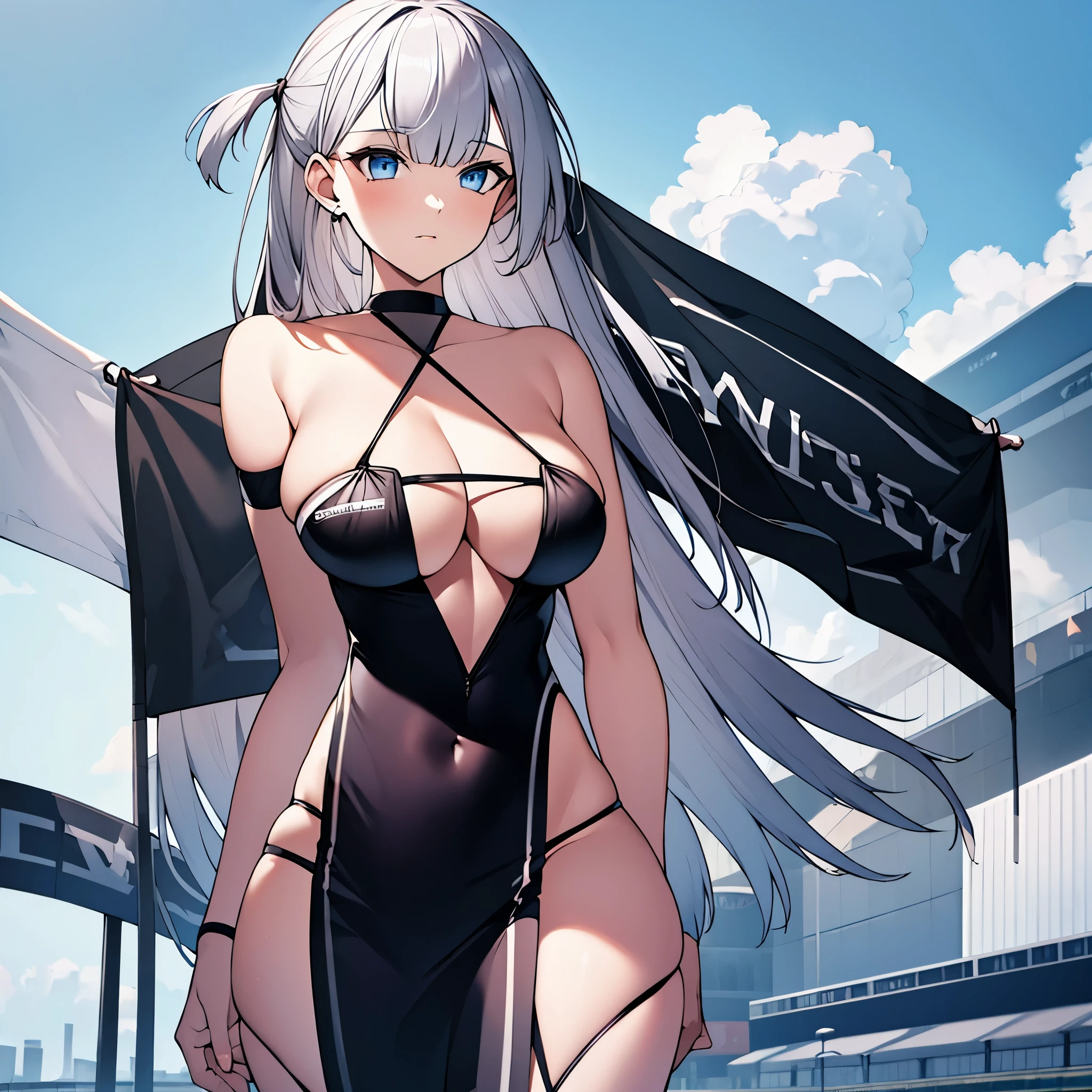 A woman with silver hair, faint blue eyes, wearing a black race queen uniform, big breasts, on a race track, race flag, ultra resolution, very detailed, masterpiece, perfect quality, 4k hd
