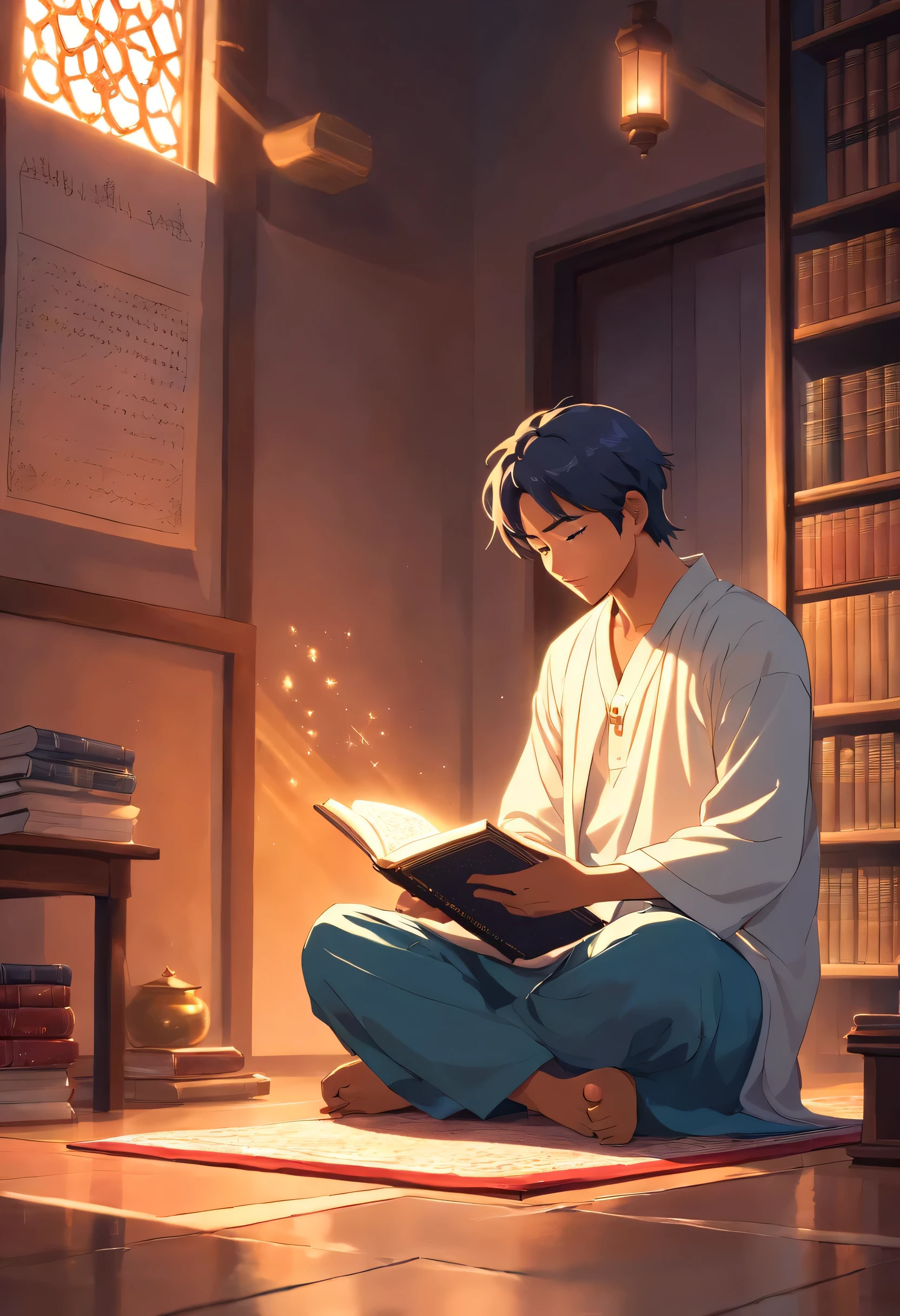 A muslim man reading Quran, sitting on the floor, Light lighting,
