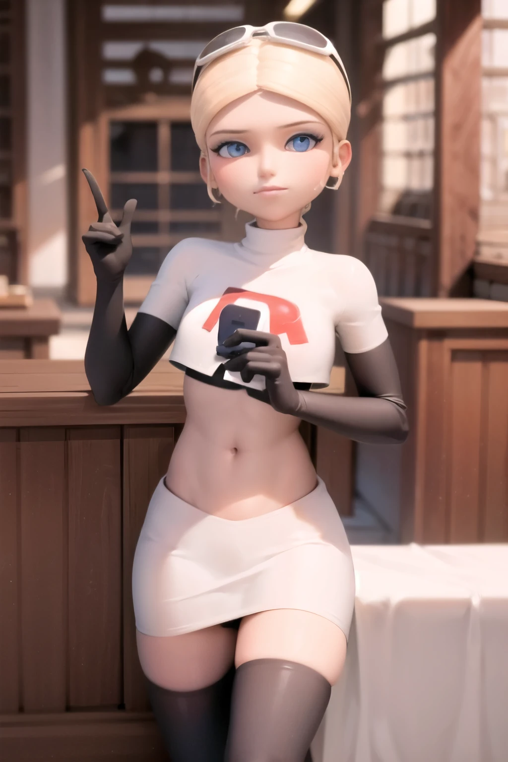 (8k, RAW photo, best quality, masterpiece:1.2), (intricate details), highres, perfect eyes, perfect face, perfect lighting, beautiful, (masterpiece:1.2), (best quality:1.2), 1girl, solo, chloe, blue eyes, blonde, team rocket,team rocket uniform, red letter R, white skirt,white crop top,black thigh-highs,black elbow gloves