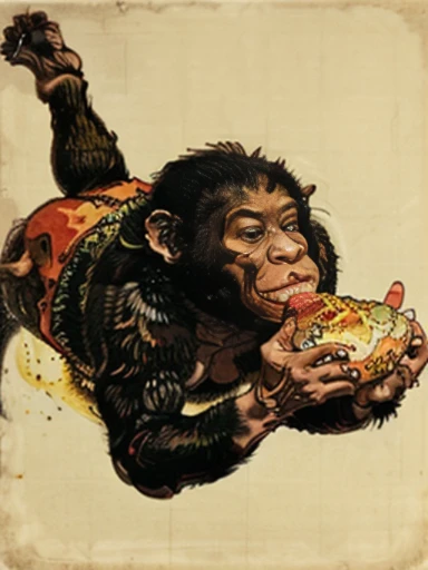 A giant monkey biting into a hamburger,buzz cut,Floating world style,KHD,simple background,master piece,KHD、