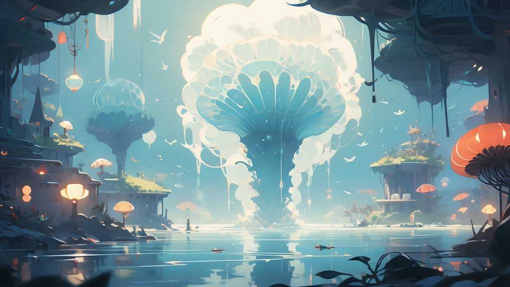 An alien sea is populated with Bright colorful jellyfish, clock work fish, bioluminescent eels, and neon lit robotic sharks