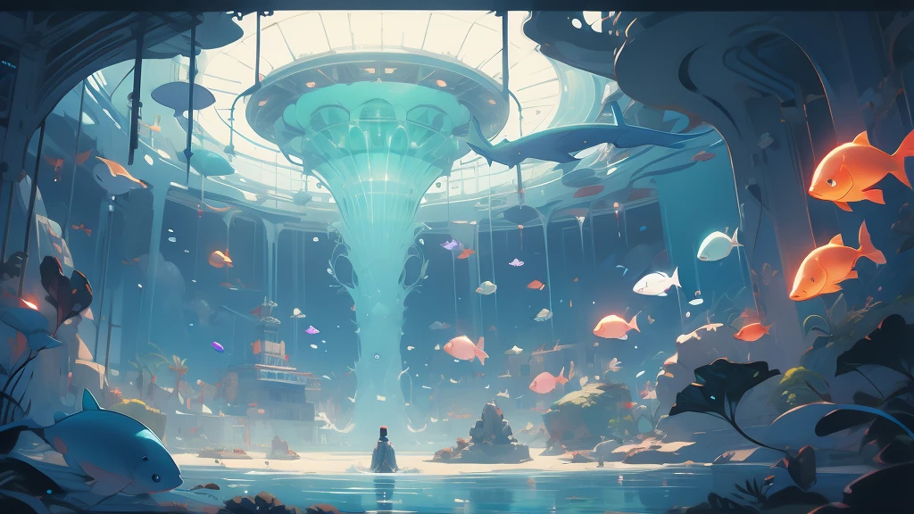 An alien sea is populated with Bright colorful jellyfish, clock work fish, bioluminescent eels, and neon lit robotic sharks
