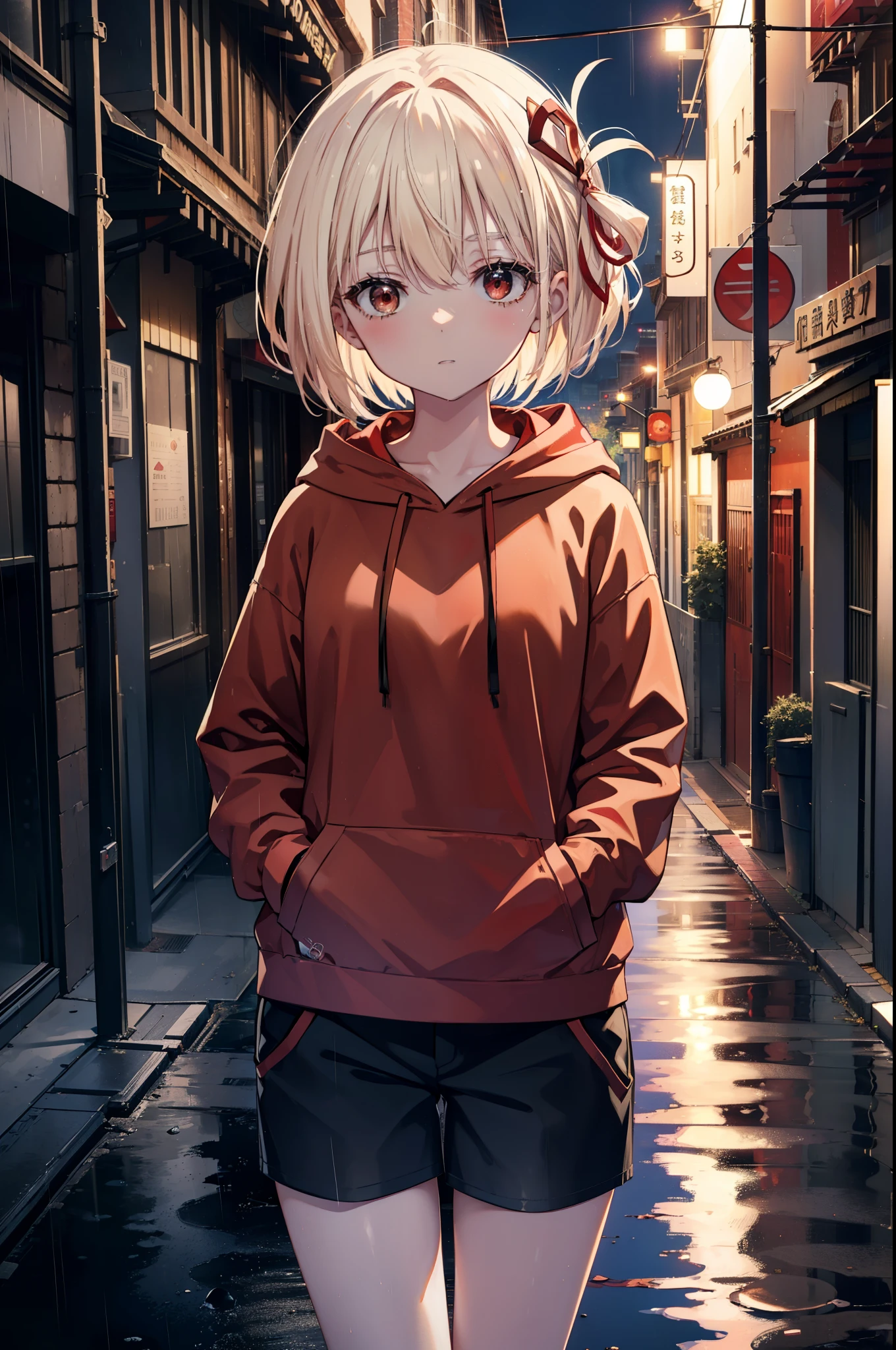 chisatonishikigi, nishikigi chisato, short hair, bangs, blonde hair, (red eyes:1.5), hair ribbon, one side up, bob cut,Red hoodie,hood up,headphones,red mask,shorts,black pantyhose,Both hands are in the pockets of the hoodie,walking,rain,cloudy sky,puddle,
break outdoors, In town,building street,
break looking at viewer, (cowboy shot:1.5),
break (masterpiece:1.2), highest quality, High resolution, unity 8k wallpaper, (figure:0.8), (detailed and beautiful eyes:1.6), highly detailed face, perfect lighting, Very detailed CG, (perfect hands, perfect anatomy),