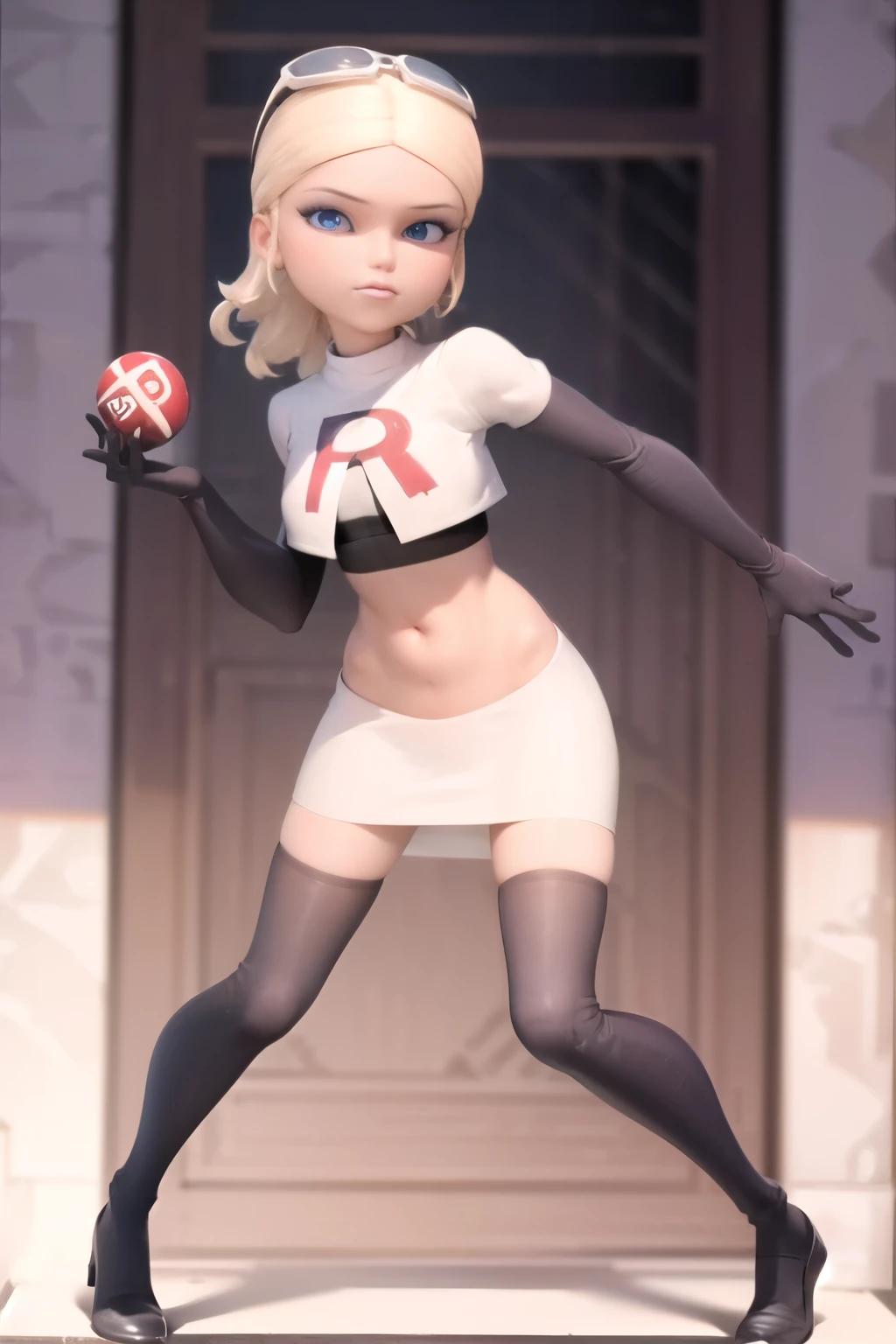 (8k, RAW photo, best quality, masterpiece:1.2), (intricate details), highres, perfect eyes, perfect face, perfect lighting, beautiful, (masterpiece:1.2), (best quality:1.2), 1girl, solo, chloe, blue eyes, blonde, team rocket,team rocket uniform, red letter R, white skirt,white crop top,black thigh-highs,black elbow gloves