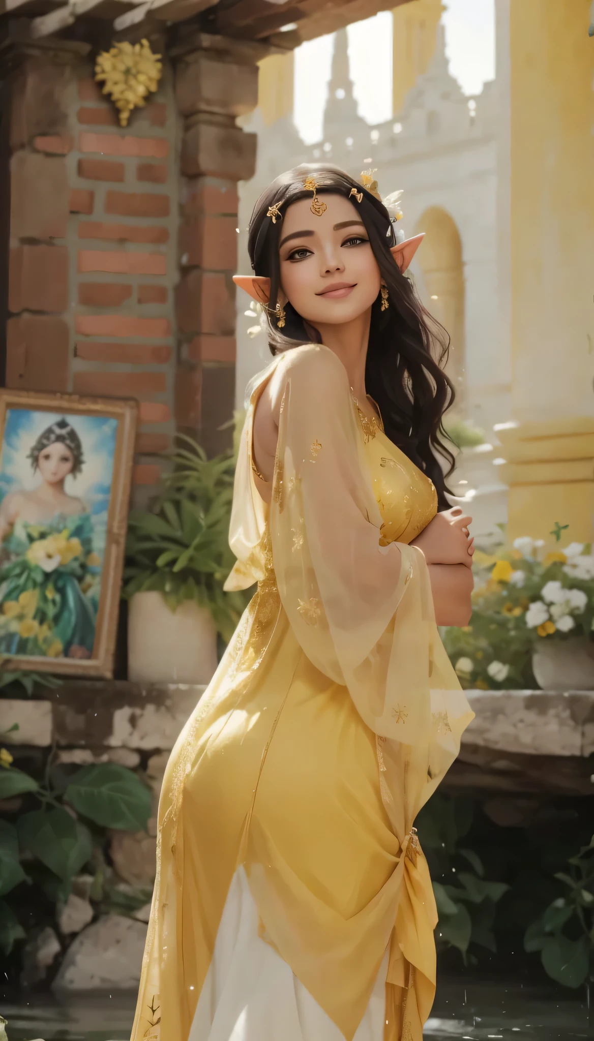 Manga-style elf goddess wearing a yellow dress in front of a palace with a flower garden, rosto perfeito e angelical, mulher europeia bonita pose frontal, foto de corpo inteiro, foto alta qualidade, uma deusa elfica em um jardim, uma   muito bonita com coroa e vestido glorioso de rainha, rosto bonito e sorridente, olhos castanhos e brilhantes, deusa da beleza,  lindo com dourado brilhante, elfa gentil e com flores no vestido, ethereal woman of divine beauty, high qualidade, vestido com detalhes em ouro, rosto perfeito,