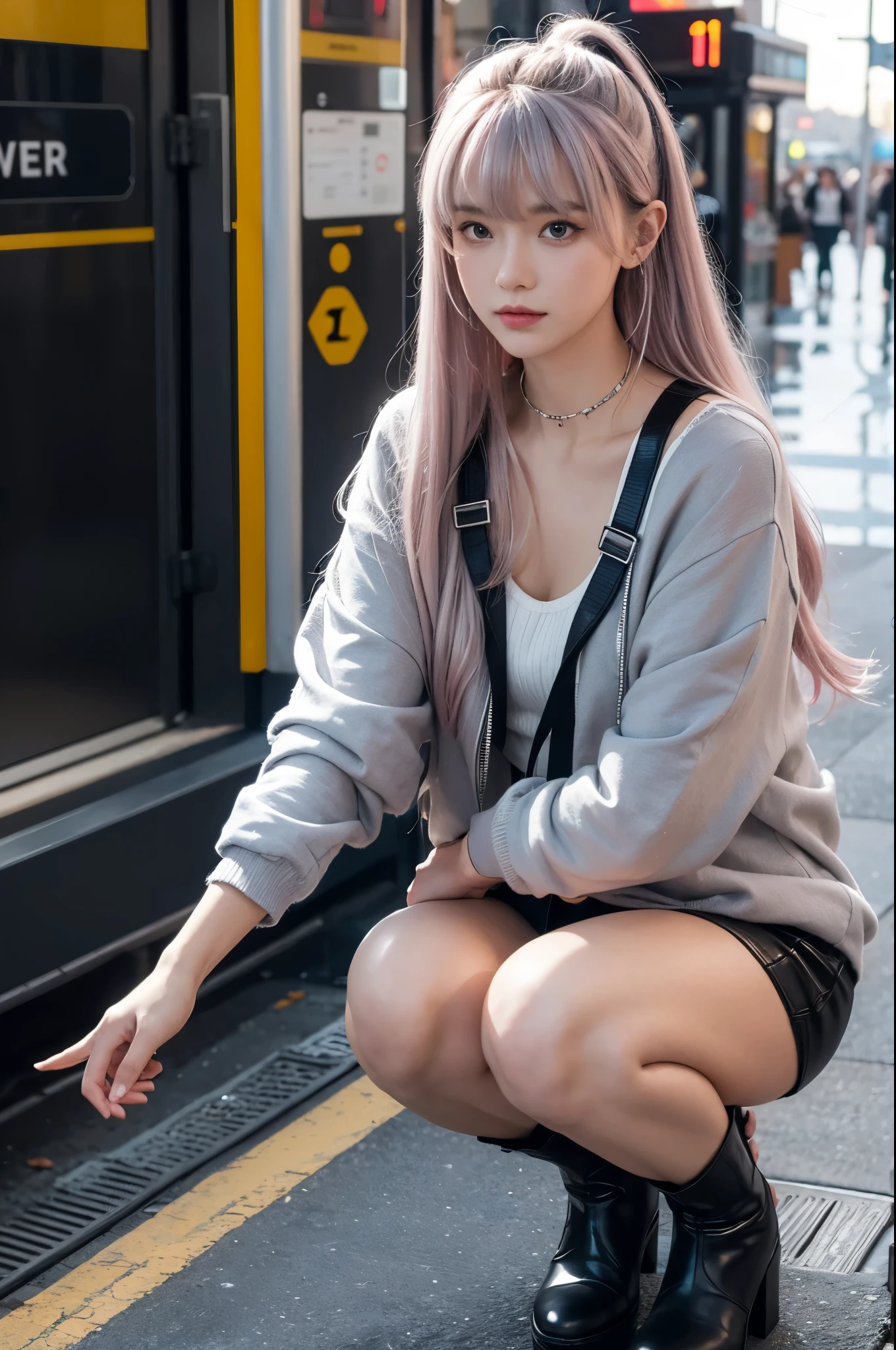Artworks, super high and high, 8K resolution, accurate facial features, depth is depth of field, a perfect face, girl, only person, SSMILE, long gray hair, pink hair, cross bangs, cross bangs, crossing bangs, crossing bangs, crossing bangs, crossing bangs, crossing bangs. Shair Bangs, Shairband, Shair Band, bracelets, small collar, hoop, ears, pilot sunglasses jackets, red fire -style clothing, knee and boots, ruffled pantyhose, squat down, face the audience, competition, eventide, eventide , Temple, Temple, Railway Station, Fleet, Collection, Movie
