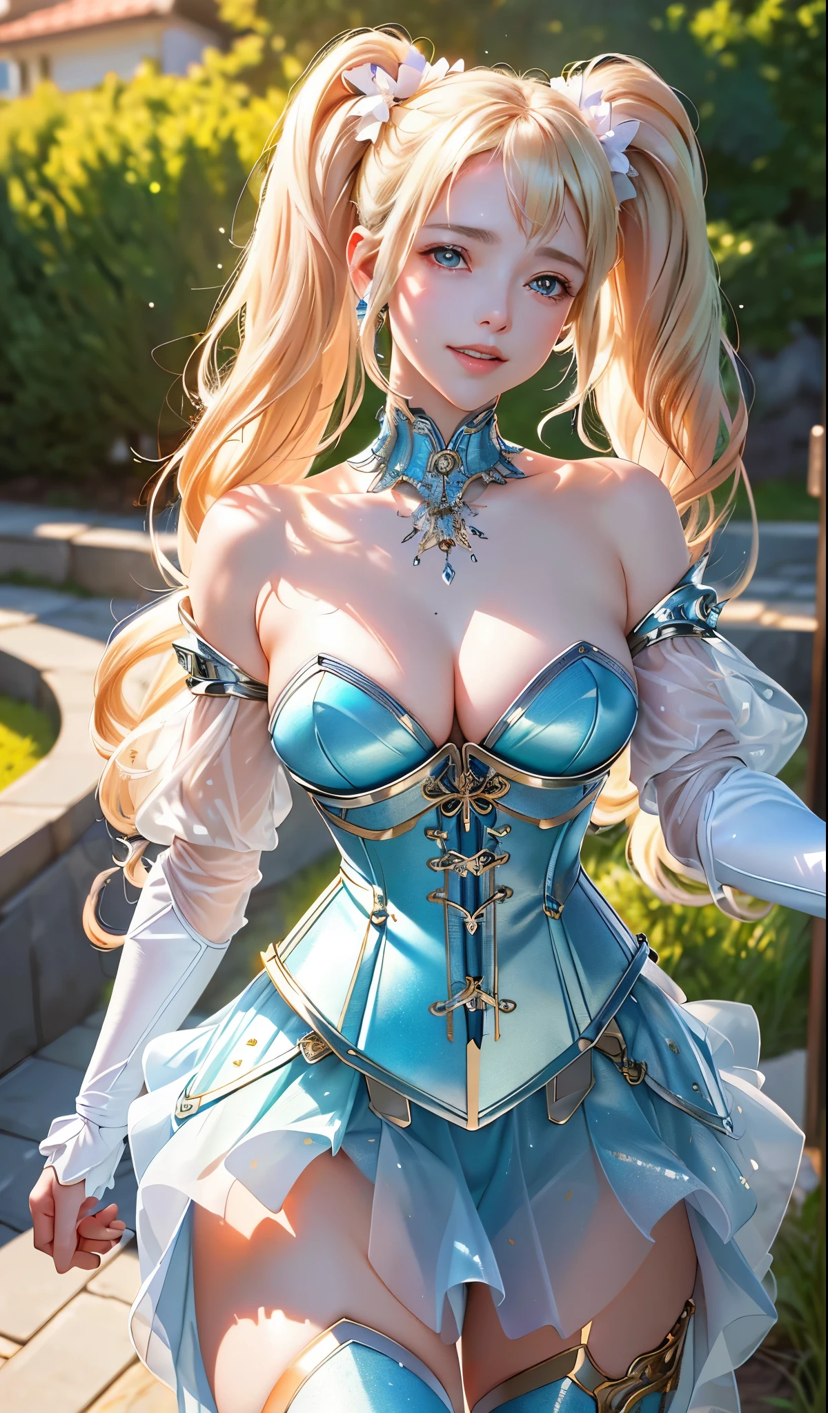 masterpiece, best quality, extremely detailed CG unity 8k wallpaper, (Upper Body head close-up shot of a beautiful  robot girl), , Elegant Long  straight blonde twintails hair, (Mckenna Grace), ((thighs,)),(),, ((,  )), ((transparent Glittering Scales  Mechanical Corset Armor Puffy skirt)), ((Selfie,)), (Blush), oil skin, (seductive smile),(,), (outdoors), pretty face, key art, award winning, intricate detail realism hdr, by (ruan jia and artgerm and range murata), Photorealism, Hyperrealism, ultra realistic, dramatic light, intense shadows, gorgeous view, depth of field
 