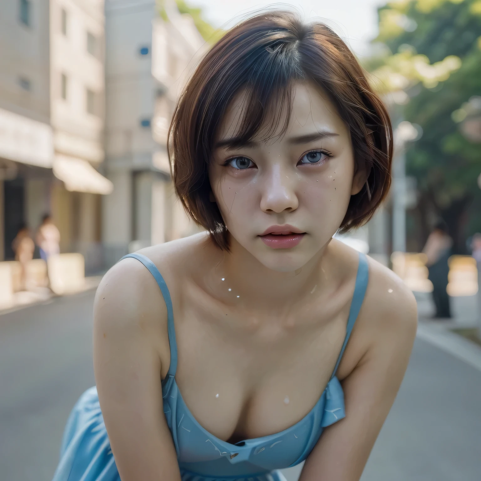 Masterpiece, One Beautiful Girl, Detailed Eyes, Puffy Eyes, Top Quality, Ultra High Resolution, (Realistic: 1.4), Movie Lighting, 18 years old Japanese, Asian Beauty, Korean, Very Beautiful, Beautiful Skin, Slender, Body Facing Forward, (Ultra Realistic), (High Resolution), (8K), (Very Detailed ), ( Best Illustration), (Beautifully Detailed Eyes), (Super Detail), (Wallpaper), Detailed Face, Lighting is Bright, Professional Lighting, Looking At Viewer, Facing Forward, Short Hair, Pixy Cut Hair Style, Neat Clothing, Slightly Blurred Background, Street Trees, Hair Color Partially Vivid Blue, Purple Dress, Crying Expression , sad expression,