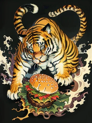 the tiger bites into the hamburger，buzz cut，Floating world style，KHD，simple background，master piece，KHD、
