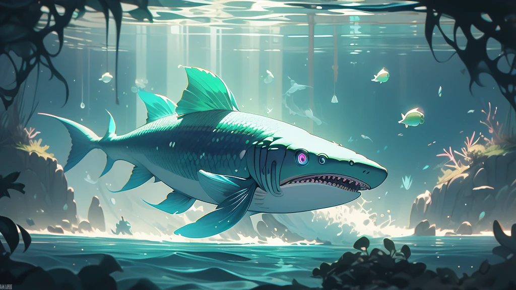 (best quality, 4k, highres, masterpiece:1.2), ultra-detailed, realistic:1.37, vibrant colors, vividly glowing, otherworldly ocean scene, underwater paradise, mesmerizing deep sea world, ethereal aquatic realm, surreal marine environment, stunning biomechanical sea creatures, breathtaking luminescent flora and fauna, alien sea ecosystem, artificial intelligence infused marine life, futuristic marine technology, biomechanical wonders, futuristic underwater city, mysterious depths, fathomless abyss, shimmering bioluminescent organisms, radiant jellyfish swimming gracefully, vibrant hues of neon blue, electric green, and iridescent purple, robotic sharks patrolling the depths, clockwork fish with intricate gears and mechanisms, glowing eels coiling around underwater structures, phosphorescent algae casting an enchanting glow, flickering neon lights illuminating the sea, transcendent beauty, immersive visual spectacle.