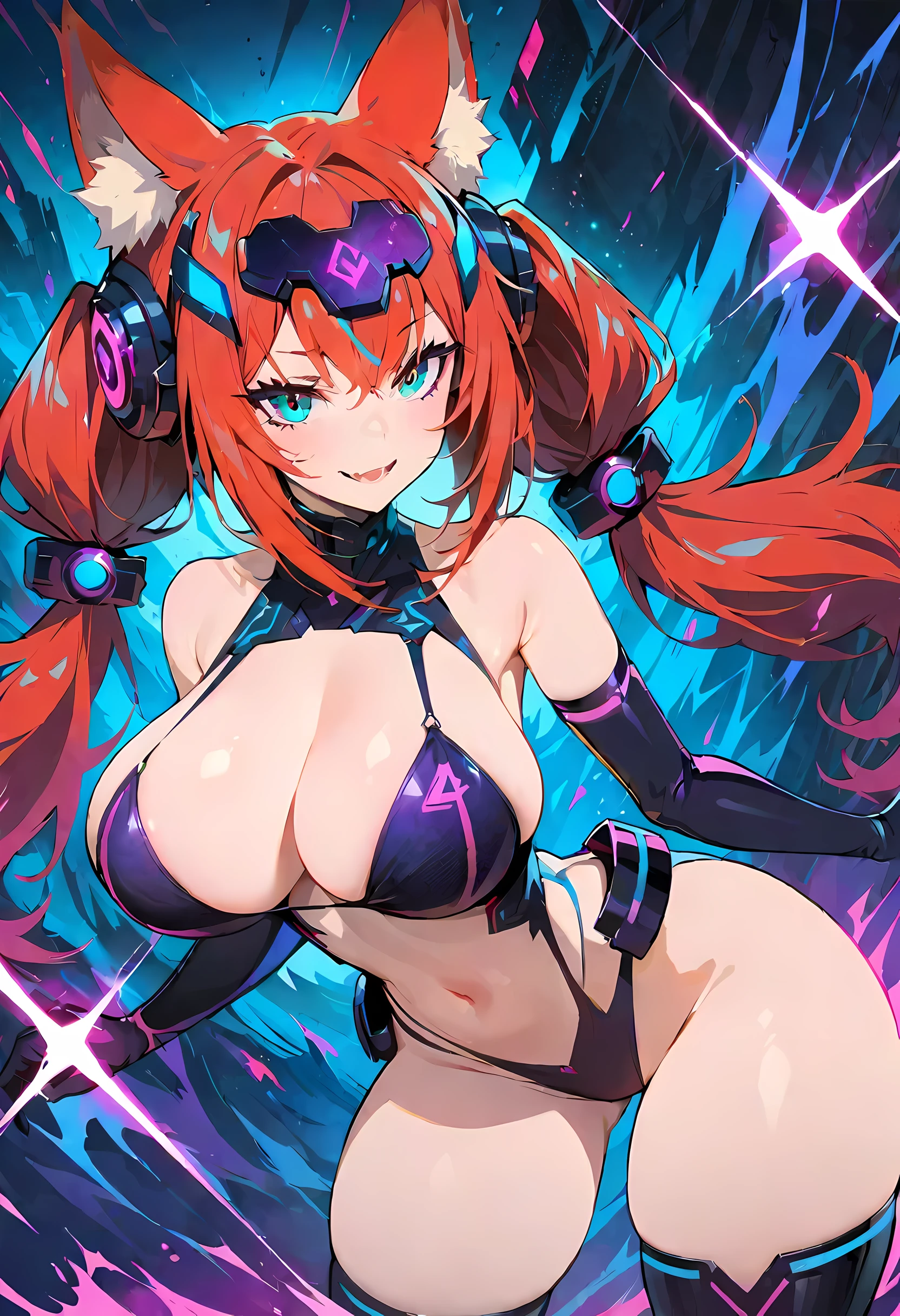 (best quality,4K,8K,high resolution,masterpiece:1.2),Super detailed,sci-fi fox girl,cute fox_ear,Sexy,coquettish,Red hair,fantasy style,sci-fi lights,purple blue color palette