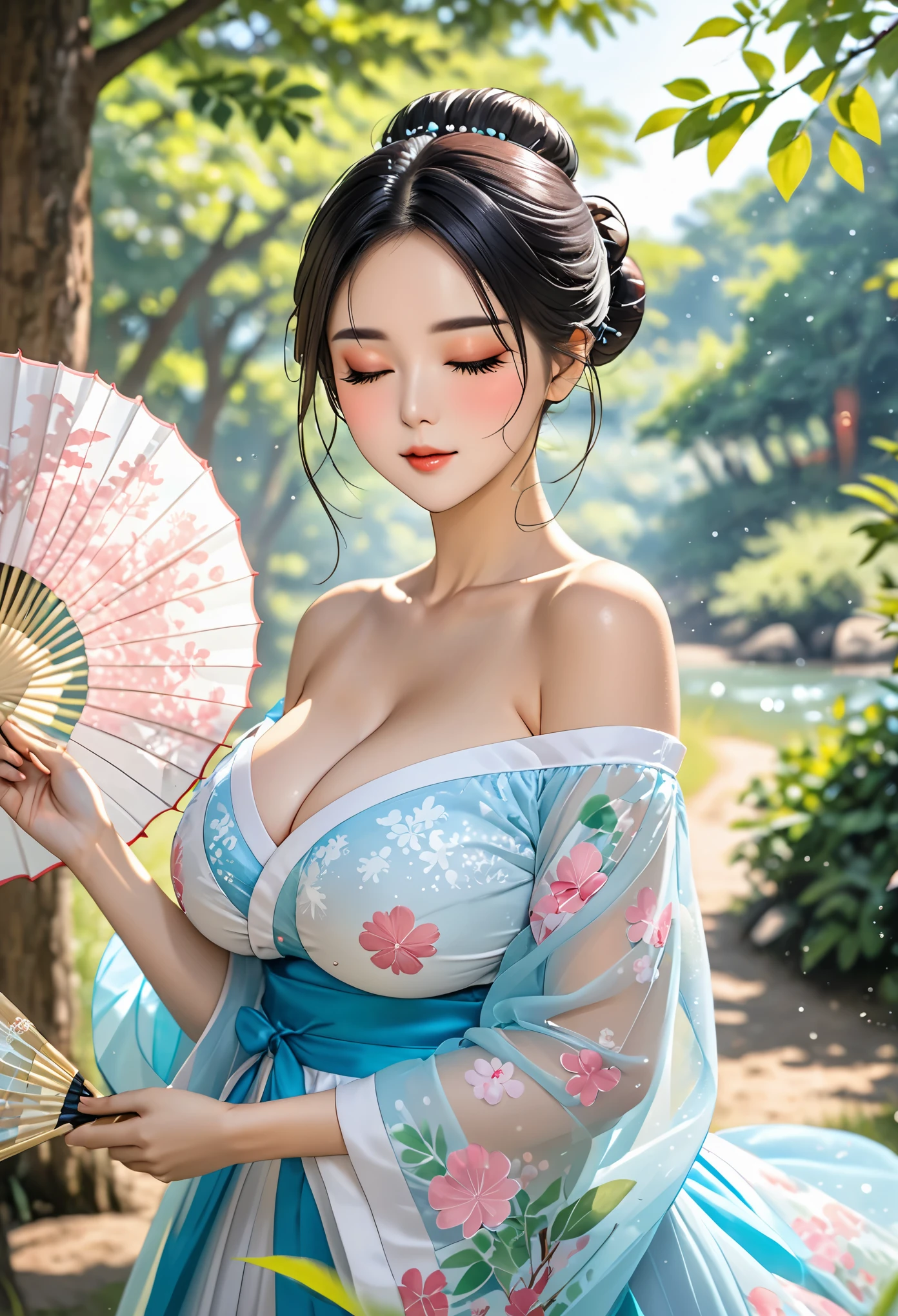 Girl,tulle hanfu, (big breasts:1.4), cleavage, 8K
 1girl ball bare shoulders beachball black hair blurry blurry background blurry foreground breasts bush closed eyes collarbone dappled sunlight day depth of field forest grass hair bun hand fan holding ball lips makeup mole motion blur nature off shoulder outdoors paper fan see-through sky solo tree uchiwa upper body water 

