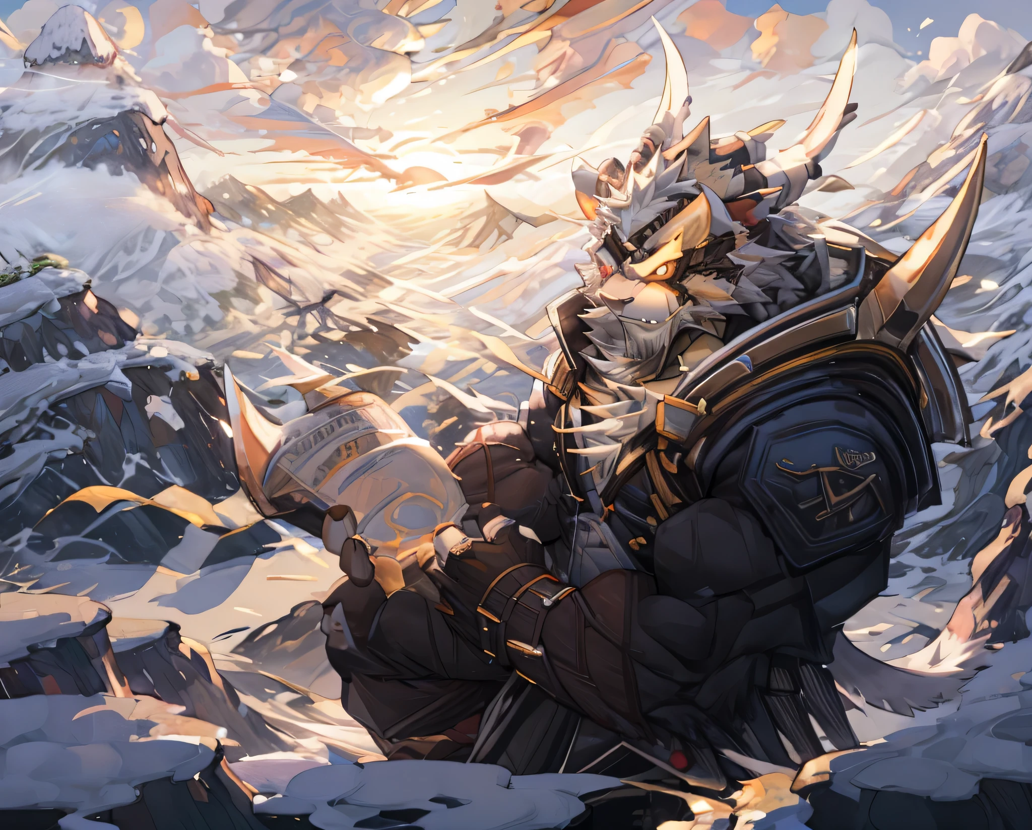 Anthropomorphic, (Solo), Anthro male, Single, Male, Lonenly, 50 years old, in Heroes Suit clothes, Full of Nature forest, Ionia, Perfect scaling, Masterpiece, Landscape, Scale of view, Beautiful atmosphere, by Zixiong, Hunter, Hunting Position, Souvenir collector, on the forest, Hunter instinct