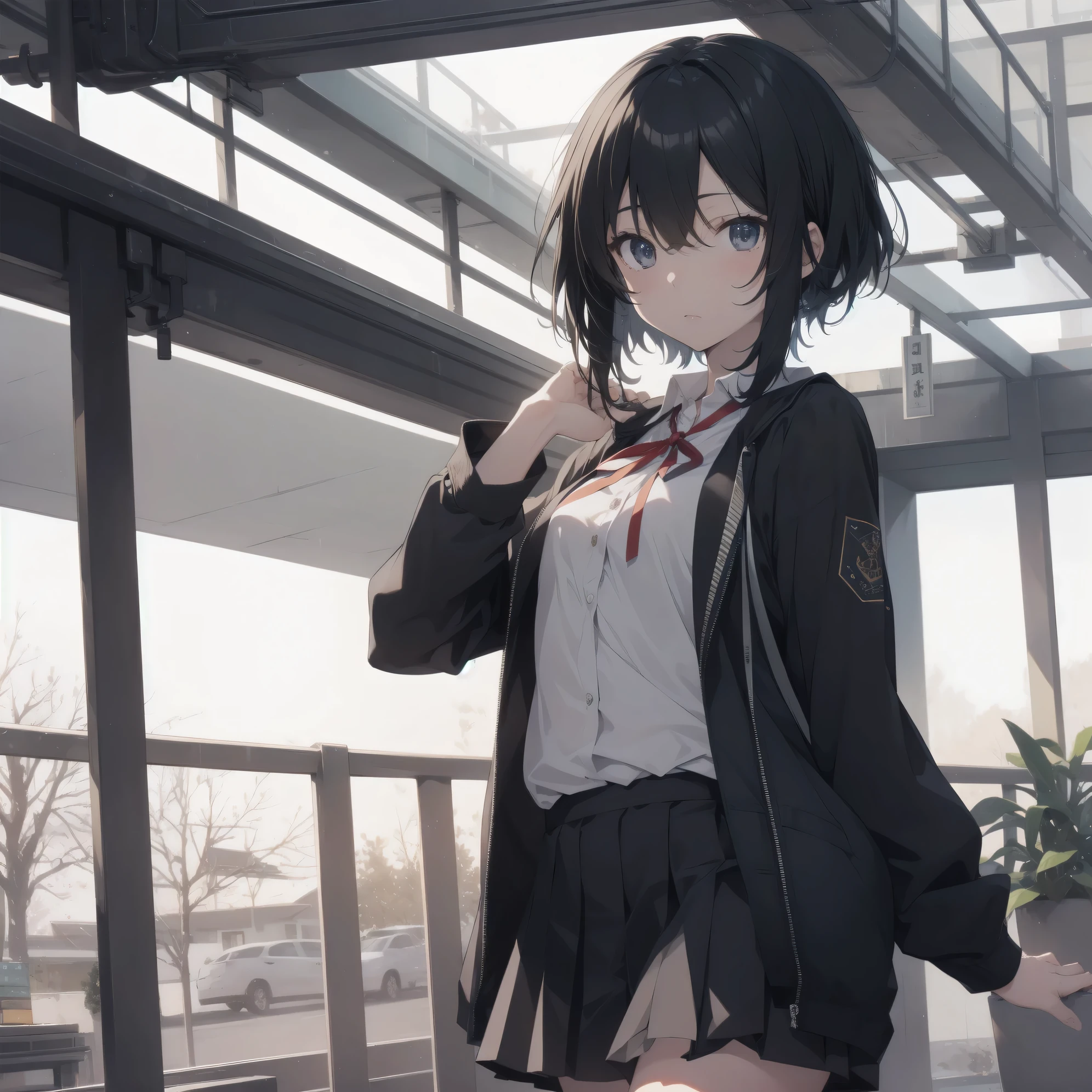 Super Absurd - Top Quality from the God of Art, Super detailed, High resolution, anime moe art style, cute girl portrait, best anime 8K konachan wallpaper, Pixiv contest winners, perfect anatomy,break, (眠そうにalone学校へ行く女の子を描いてください. )break,1 girl, (alone,little woman, 13 years old:1.3),All limbs, full finger,, The charm of an immature body, (very short hair), shortcut, flat chest, , small ass, between legs, small black eyes, detailed and beautiful eyes, Well-proportioned iris and pupils, expressive eyes, High resolutionの詳細な髪, yawn, neck ribbon, shirt, collared shirt, skirt, pleated skirt, , (detailed lighting), (detailed background), On the way to school. break,super dense skin, Best cinematic lighting powered by famous artist, 8K,Beauty Illustration,photoshop_(Moderate),Absurd Hi-Res,UHD,rough skin,break,((artist:kantoku)), artist:dark black,artist:shinkai makoto,artist:sekiya asami,artist:Fujiyama,