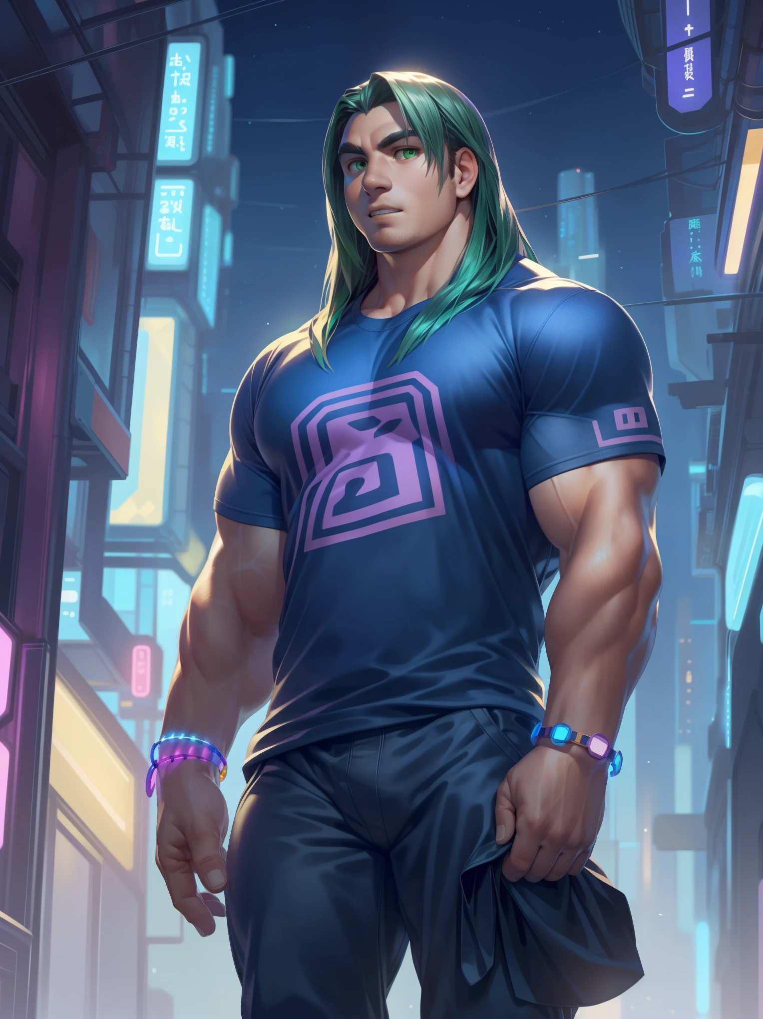 solo, male, human,((casual, sci-fi)), (light skin, human print), pale skin, green eyes, well dressed, middle-aged, detailed face, detailed eyes, long straight hair, green hair, (casual clothes:1.2), shirt, skinny body, short sleeves, clean clothes, black pants, bracelet, neon bracelets, full body, covered chest, detailed teeth, cyberpunk, simple gradient background, (by null-ghost,by raccoon21, masterpiece, high quality,hi-res,8k hd), standing,close-view portrait, looking at viewer, night, indoor, calm, gentle, dark shadows