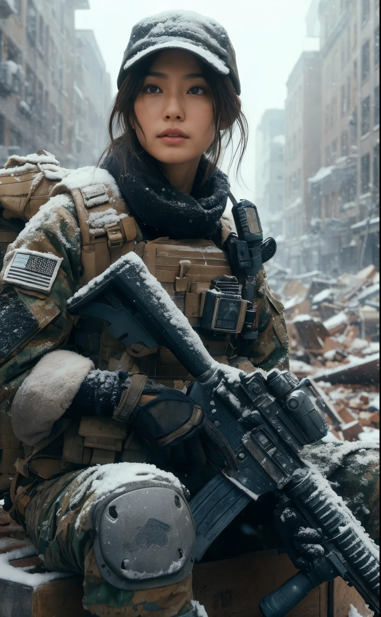 8K,realistic photo、realistic skin texture、A beautiful Japanese woman belonging to the US military is in a snowy city area.、sitting、tired、There are scars on the face、Winter Gear、broken and collapsed building、outdoor、Scattered brick and concrete pieces、bulletproof vest、Holding an automatic rifle、with caution、Backpack、wearing a baseball cap、It is dirty、moving action pose、muscle、Dramatic and bold composition、Burn waste wood to keep warm、bootilitary vehicle、Zoom out