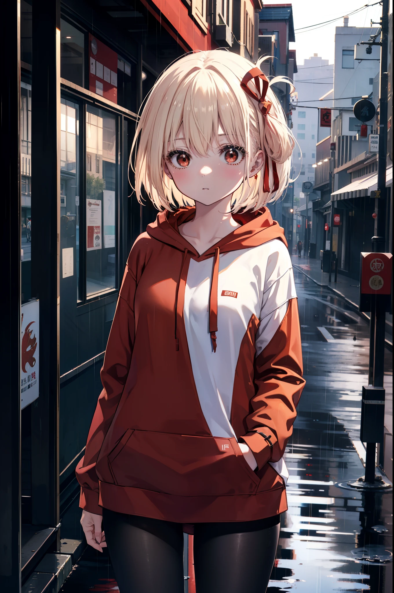 chisatonishikigi, nishikigi chisato, short hair, bangs, blonde hair, (red eyes:1.5), hair ribbon, one side up, bob cut,oversized red hoodie　hood up,red mask,shorts,black pantyhose,Both hands are in the pockets of the hoodie,walking,rain,cloudy sky,puddle,
break outdoors, In town,building street,
break looking at viewer, (cowboy shot:1.5),
break (masterpiece:1.2), highest quality, High resolution, unity 8k wallpaper, (figure:0.8), (detailed and beautiful eyes:1.6), highly detailed face, perfect lighting, Very detailed CG, (perfect hands, perfect anatomy),