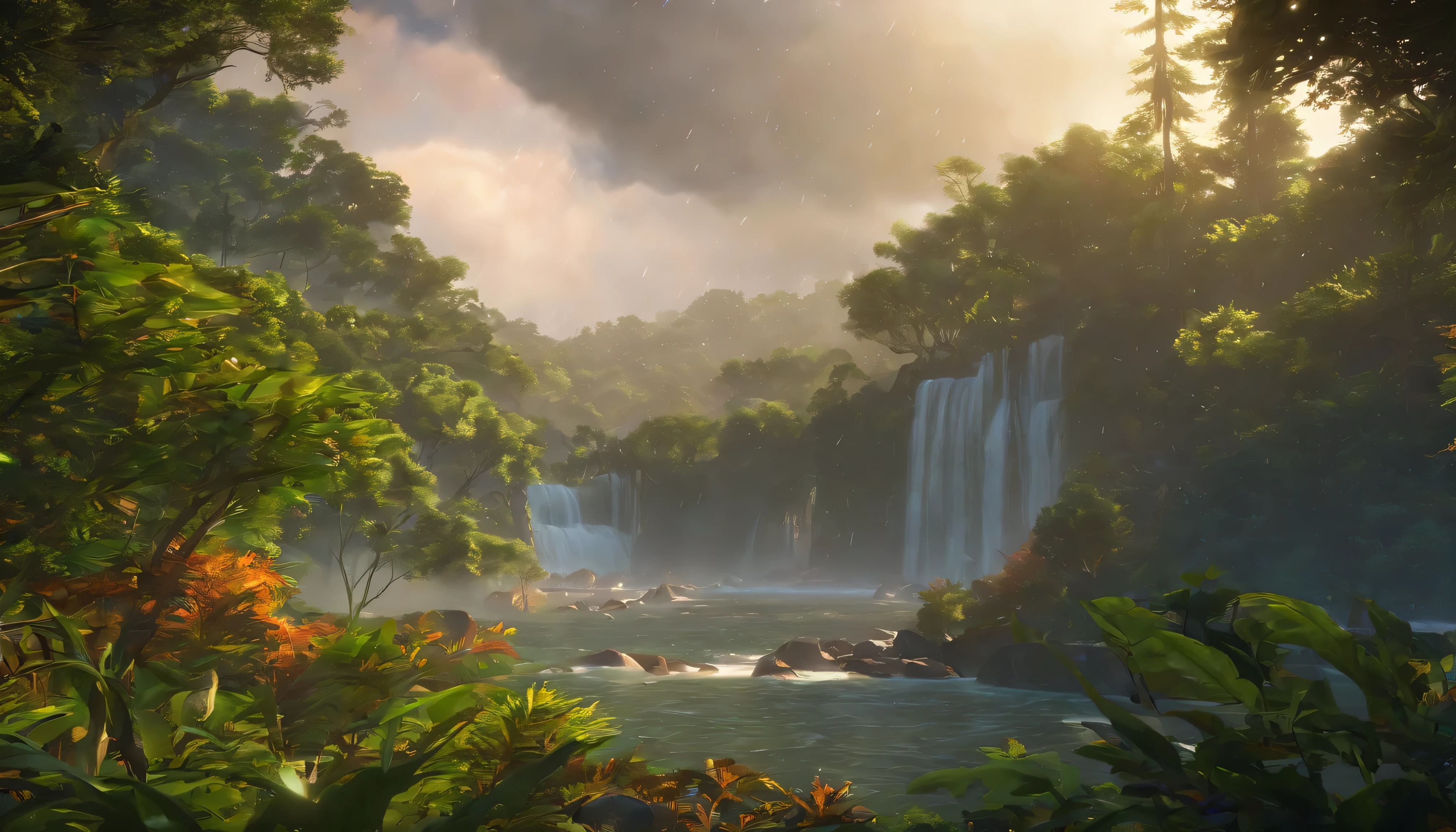 Design an image depicting an intense night storm scene over an ancient rainforest. The sky above is a canvas of chaotic beauty, with lightning bolts illuminating the dense canopy below. Each flash reveals the rich, wet leaves of towering trees and the intricate ecosystem that thrives under their shelter. The storm's fury is juxtaposed with the enduring calm of the forest, highlighting the timeless dance between nature's tempests and the tranquility of the ancient woodlands. Include the occasional glimpse of a waterfall or river, its waters surging in response to the downpour, adding to the scene's dynamic beauty.