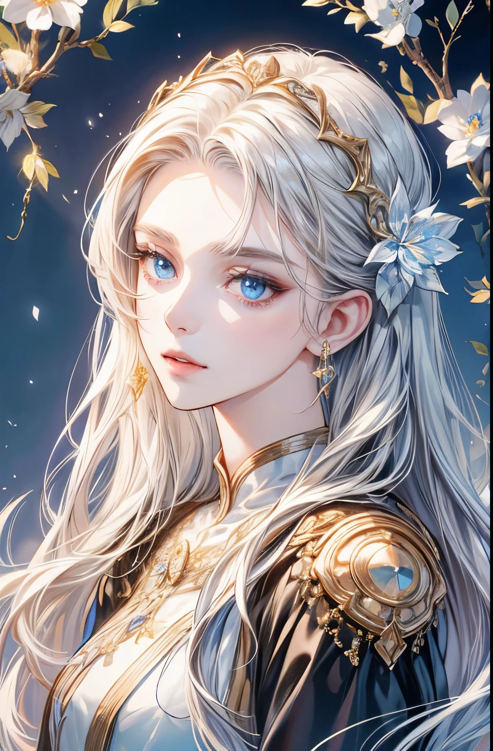 raven-haired woman、bust、white skinned、Symmetry between left and right eyes、delicate eyes、sparkling sky blue eyes、golden hair accessories、Mosaic pattern background、spotlight、high contrast、Striking shadows、Detailed shadows、Perfect workmanship、​Masterpiece、top quality、Top image quality