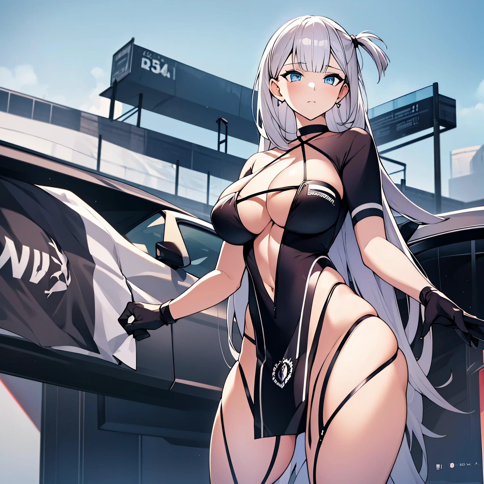 A woman with silver hair, faint blue eyes, wearing a black race queen uniform, big breasts, on a race track, race flag, ultra resolution, very detailed, masterpiece, perfect quality, 4k hd
