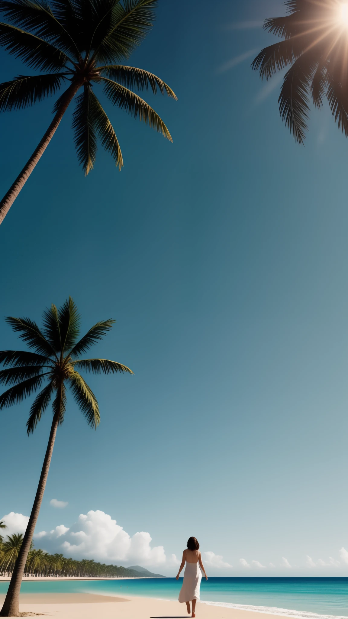 Vertical photo with ultra wide-angle lens from below, An adult woman wearing a resort dress is walking on the sandy beach, her head is in the center of the screen, her feet are at the bottom of the screen, The sun is shining at the top of the screen, A row of palm trees can be seen in the distance