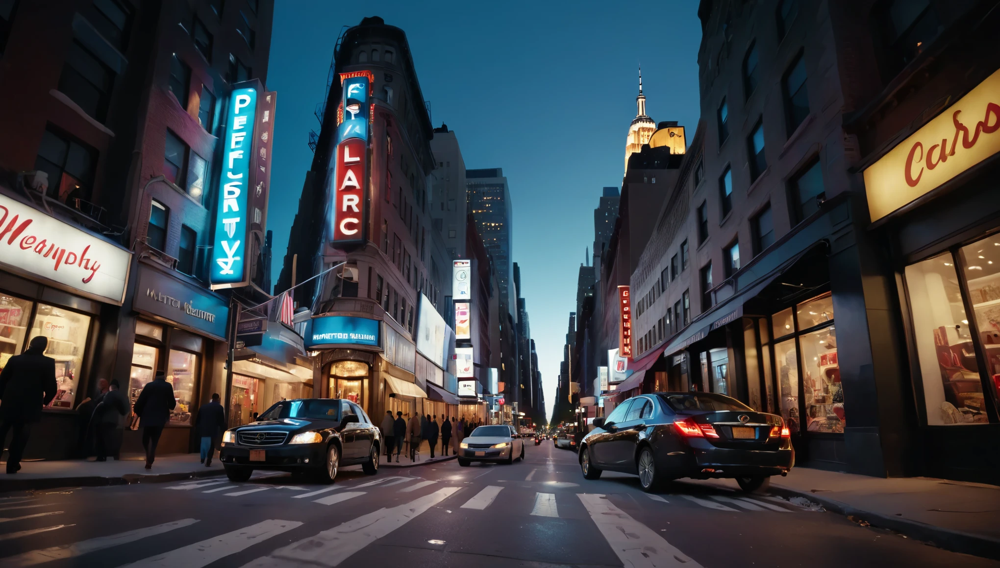 ((ultra wide angle x0.5:1.5, 360 degrees, camera view from below)), people walking along the sidewalks full of businesses in the middle of New York:1.4, ((perfect, meticulously detailed, impeccable, high definition, cinematic : 1.4), ((Masterpiece) ), (Hyper detailed: 1.4), (Photorealistic: 1.4), Epic, at night: 1.4, (cars on the streets, illuminated business signs: 1.3), k.