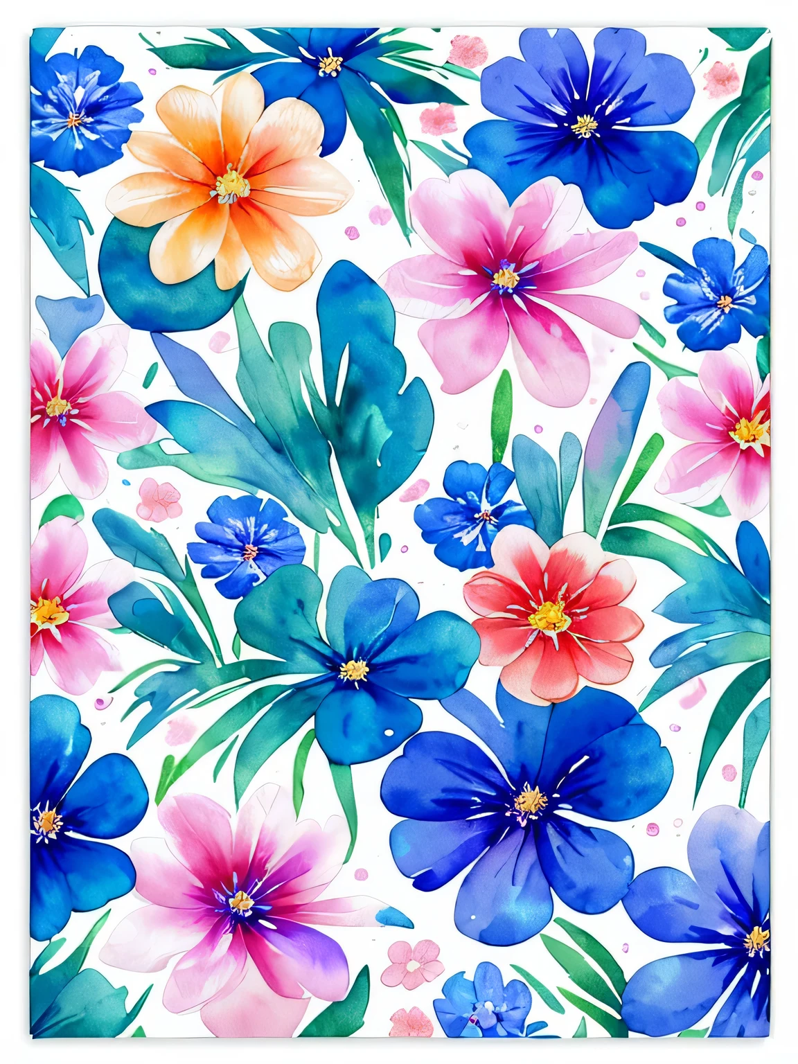 watercolor, flower, beautiful, watercolor style, flower and leaf patterns, wet on wet technique, muted, indigo, fabric design, flat illustration, highly detailed clean, vector image, masterpiece, professional, isometric, bright vector, white background, dry brush, brush strokes, painted on canvas, by J.M.W. Turner. expressive marks.