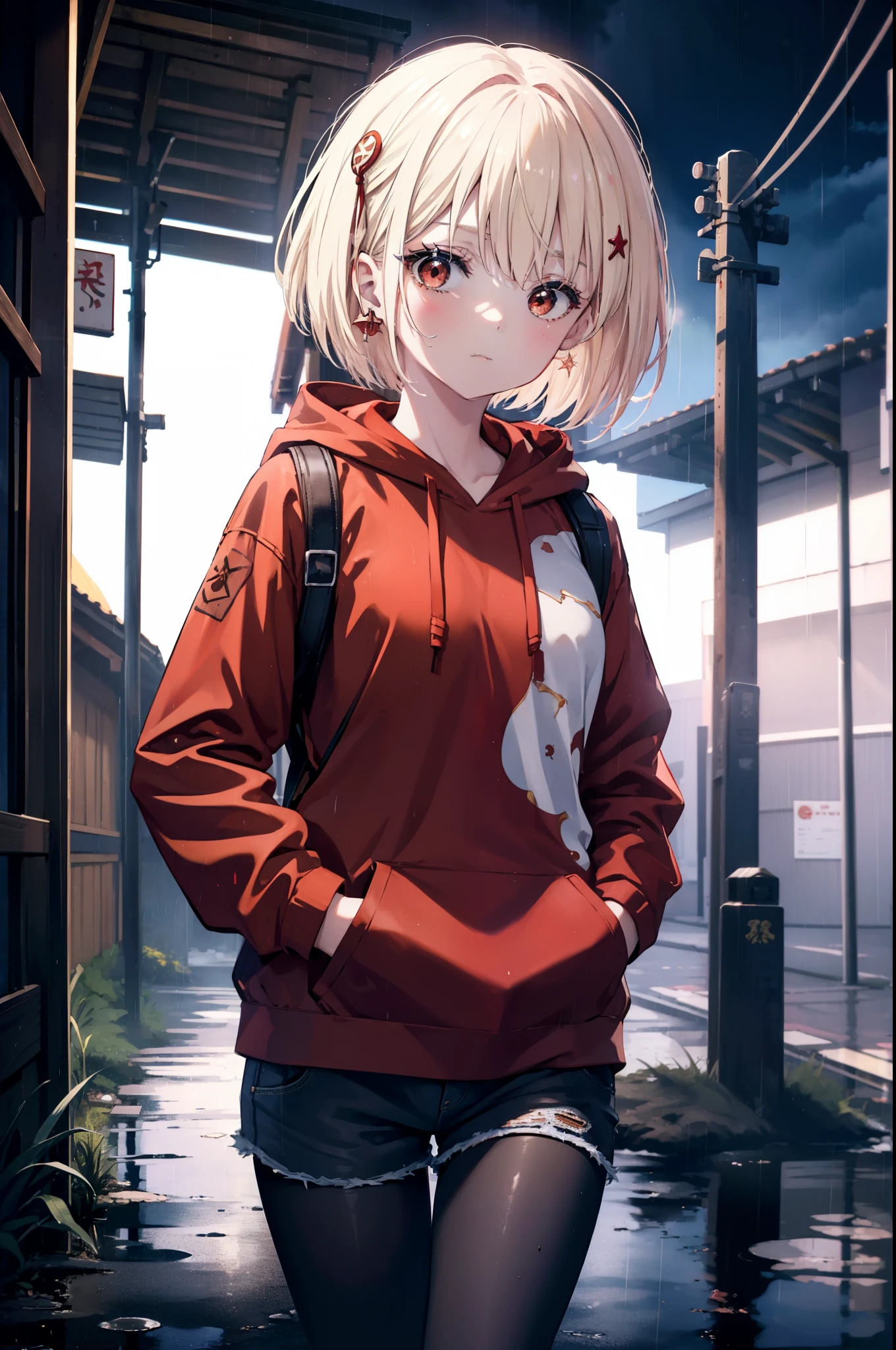 chisatonishikigi, nishikigi chisato, short hair, bangs, blonde hair, (red eyes:1.5),  bob cut,oversized red hoodie　hood up,red mask,shorts,black pantyhose,Both hands are in the pockets of the hoodie,walking,rain,cloudy sky,puddle,
break outdoors, In town,building street,
break looking at viewer, (cowboy shot:1.5),
break (masterpiece:1.2), highest quality, High resolution, unity 8k wallpaper, (figure:0.8), (detailed and beautiful eyes:1.6), highly detailed face, perfect lighting, Very detailed CG, (perfect hands, perfect anatomy),
