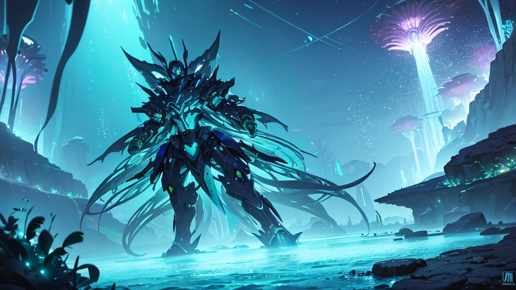 (best quality, 4k, highres, masterpiece:1.2), ultra-detailed, realistic:1.37, vibrant colors, vividly glowing, otherworldly ocean scene, underwater paradise, mesmerizing deep sea world, ethereal aquatic realm, surreal marine environment, stunning biomechanical sea creatures, breathtaking luminescent flora and fauna, alien sea ecosystem, artificial intelligence infused marine life, futuristic marine technology, biomechanical wonders, futuristic underwater city, mysterious depths, fathomless abyss, shimmering bioluminescent organisms, radiant jellyfish swimming gracefully, vibrant hues of neon blue, electric green, and iridescent purple, robotic sharks patrolling the depths, clockwork fish with intricate gears and mechanisms, glowing eels coiling around underwater structures, phosphorescent algae casting an enchanting glow, flickering neon lights illuminating the sea, transcendent beauty, immersive visual spectacle.