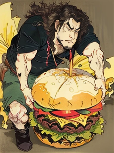 (frog turned into a hamburger),(A man with long hair and stubble bites into a hamburger),buzz cut,Floating world style,KHD,simple background,master piece,KHD、