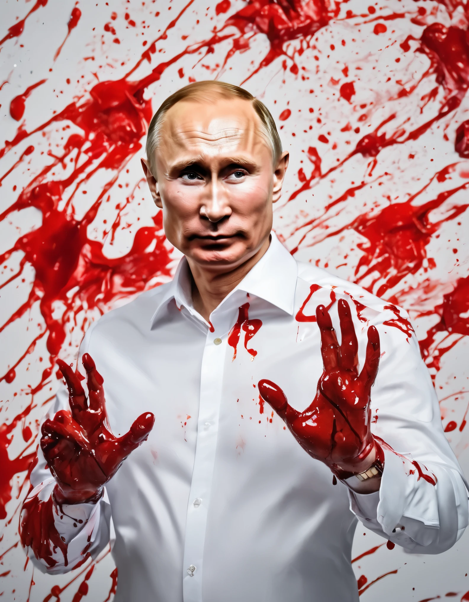 professional portrait PUTIN WITH BLOODY HANDS in white BLOODY abstract backdrop, (pores:0.9) 