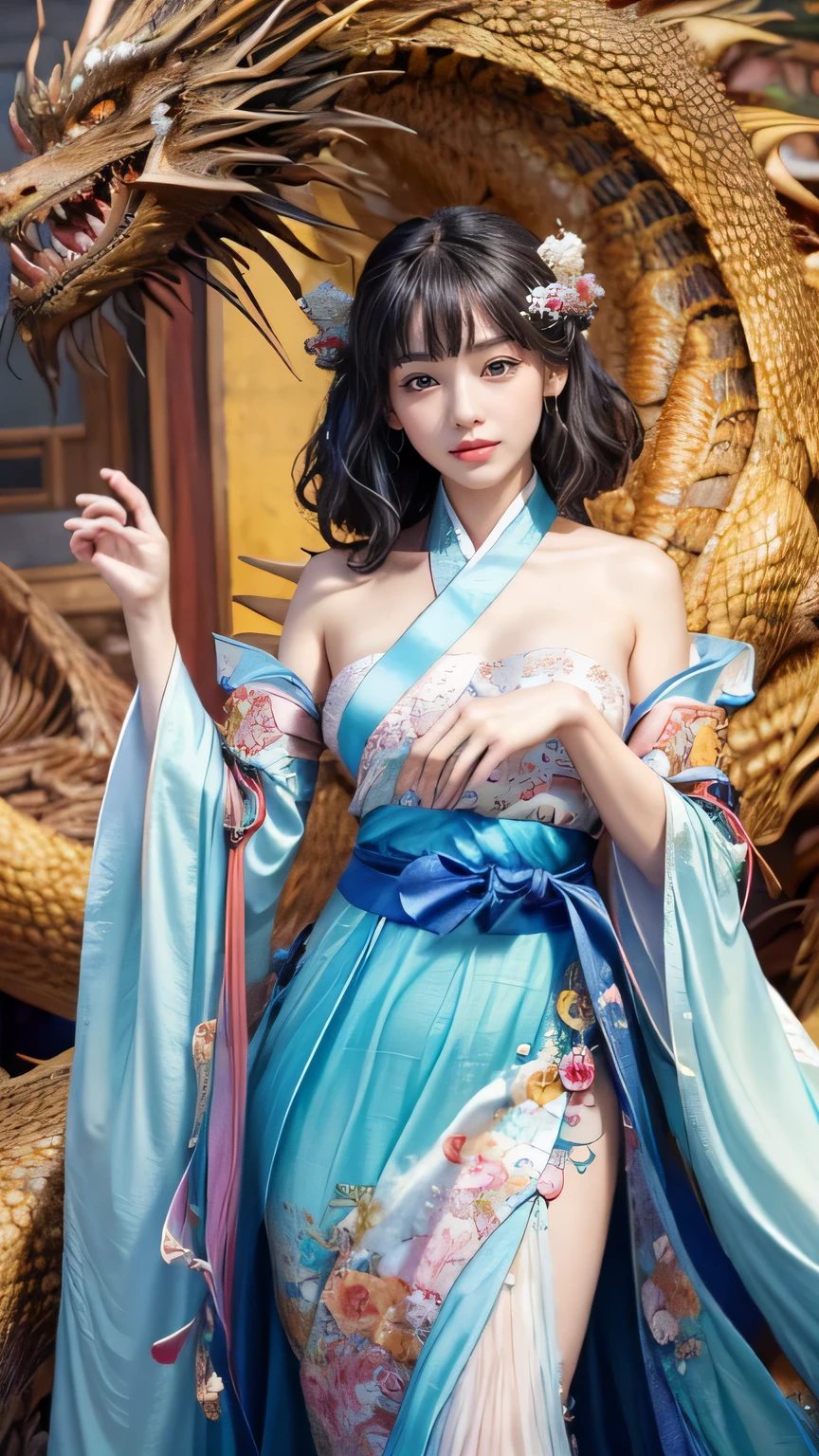 official art、Unified 8K wallpaper、Super detailed、beautiful and aesthetic、masterpiece、highest quality、(zentangle、tangle、EnTangle)、(fractal art: 1.4)、(character center: 1.3)、1 girl、Dragon goddess with a dragon accompanying her、Scary black dragon、black hair、Chinese、off-shoulder、short skirt、calf、belly button、very detailed、dynamic angle、cowboy shot、(The most beautiful form of chaos)、graceful、(bright colors)、China、(thangka flying sky:1.5),
(ribbon: 1.3)、(dream: 1.5)、(Hanfu: 1.5)、Chinese dragon、Chinese phoenix、(smile: 0.5)、( God of China々)、